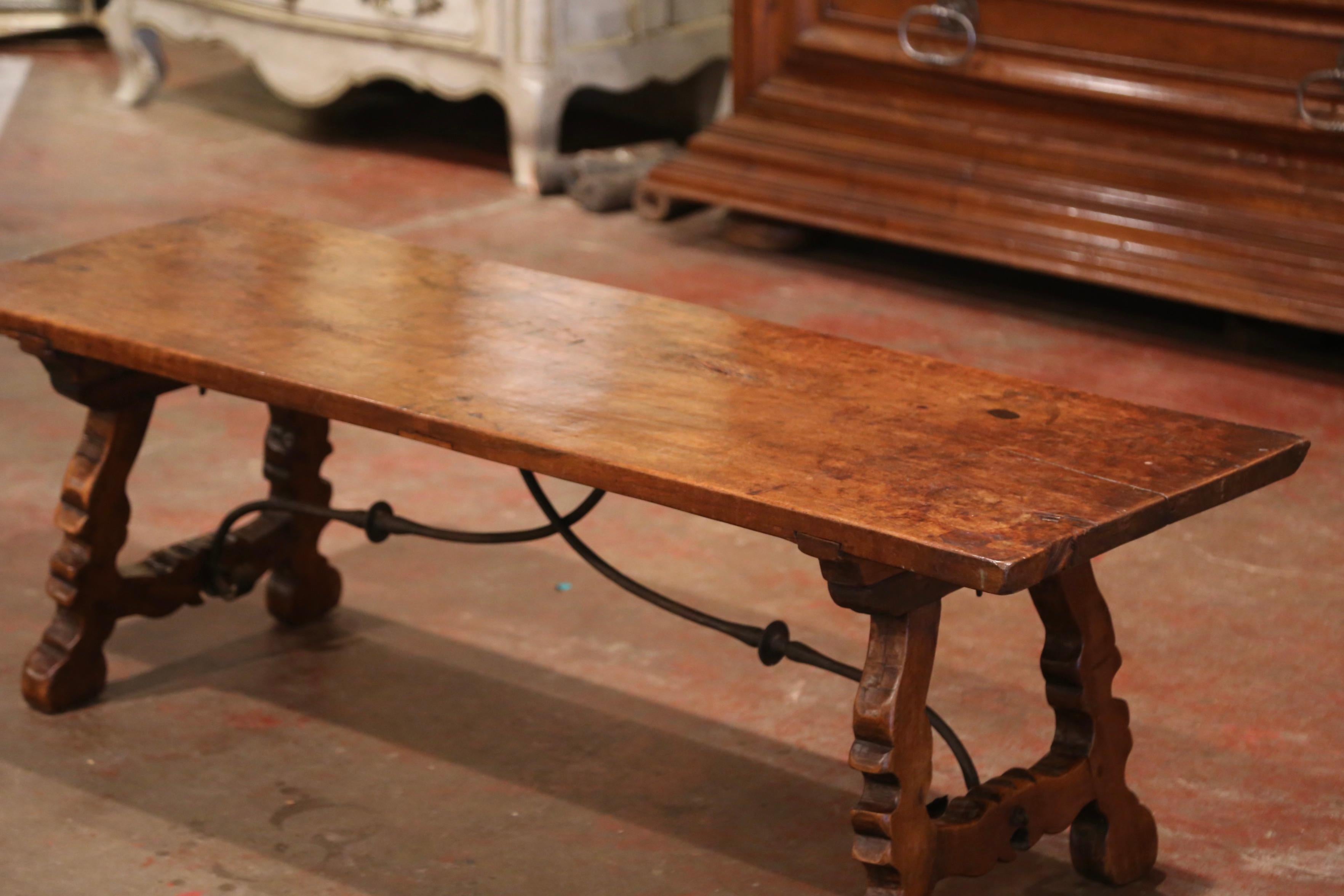 Wrought Iron 18th Century Spanish Carved Walnut Coffee Table with Iron Stretcher