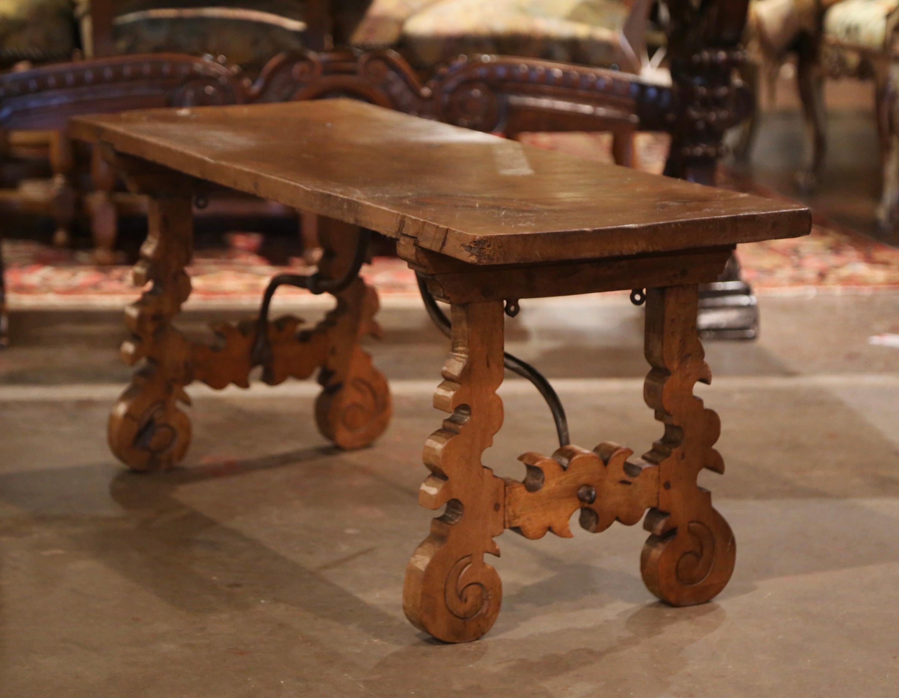 18th Century, Spanish Carved Walnut Coffee Table with Iron Stretcher 1