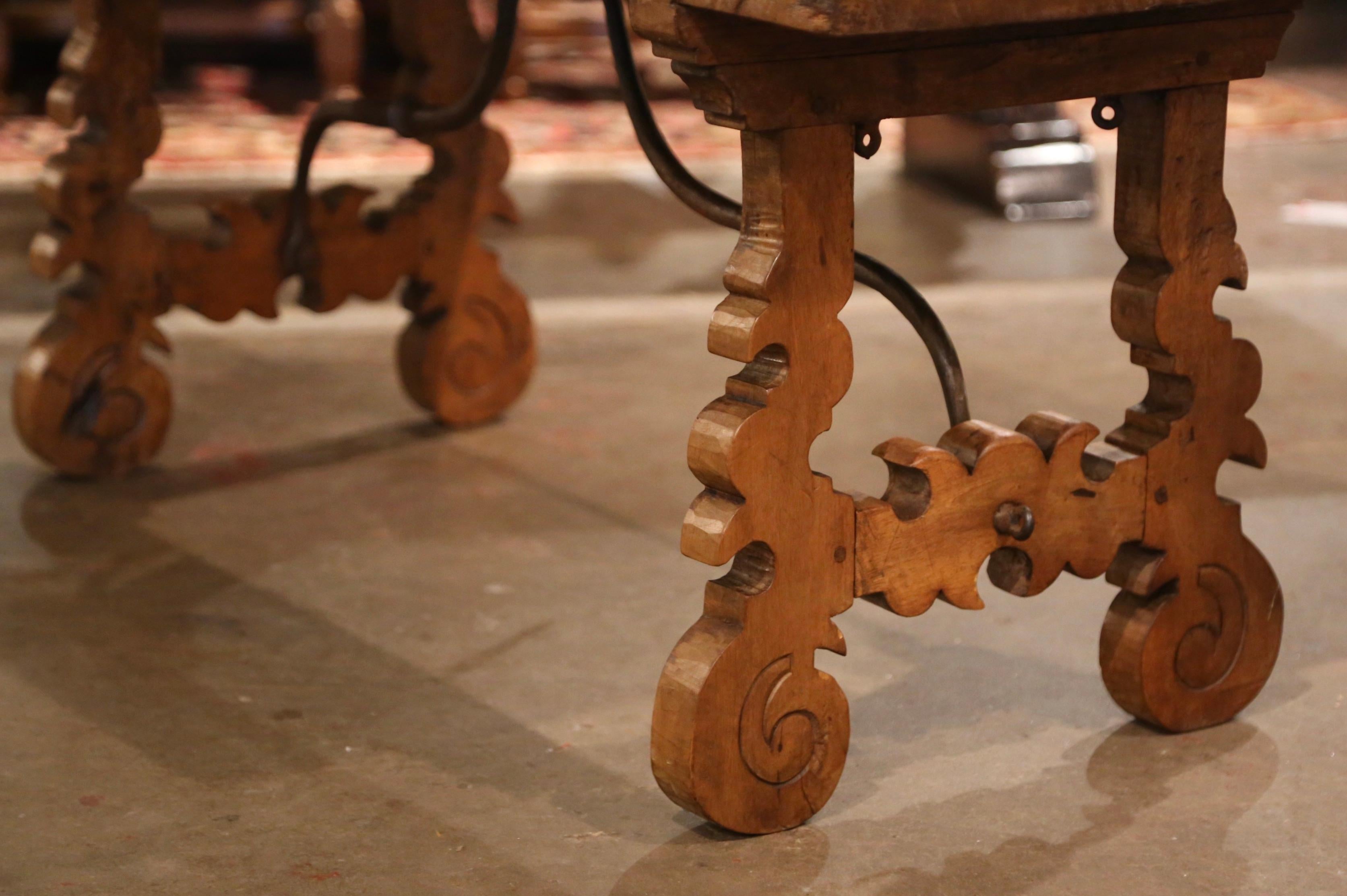 18th Century, Spanish Carved Walnut Coffee Table with Iron Stretcher 2