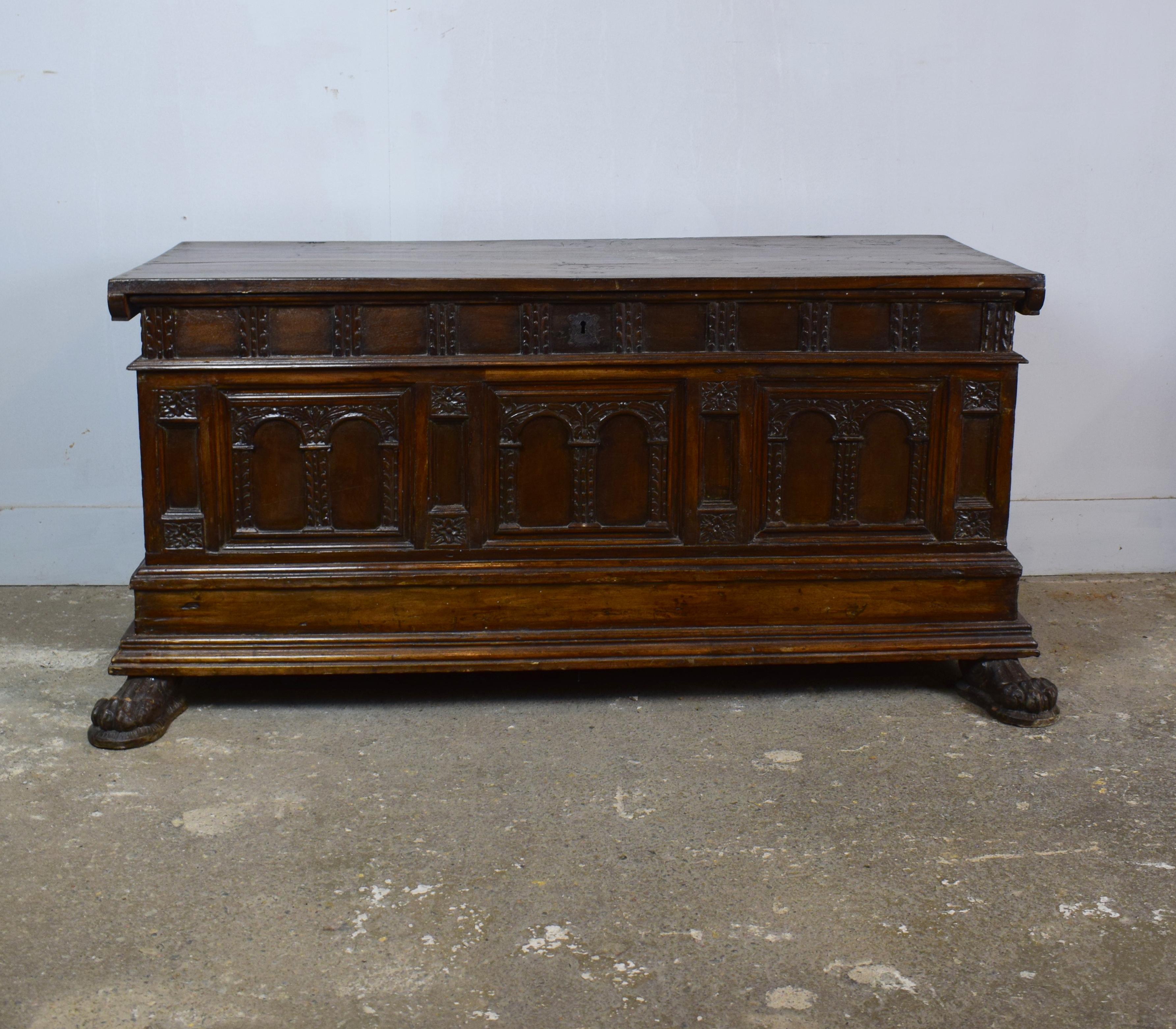 Gothic 18th Century Spanish Carved Walnut Coffer For Sale