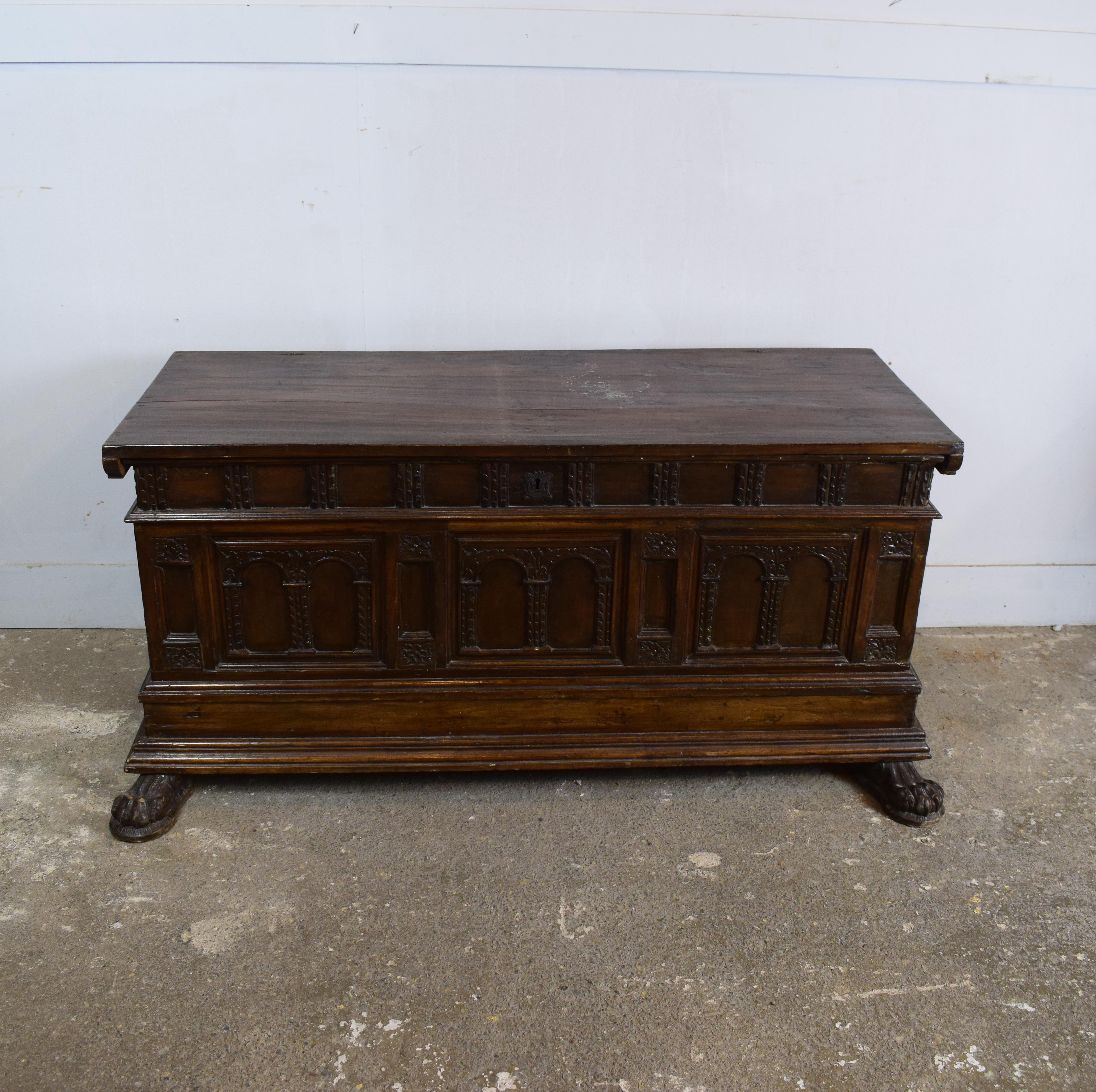 Hand-Carved 18th Century Spanish Carved Walnut Coffer For Sale