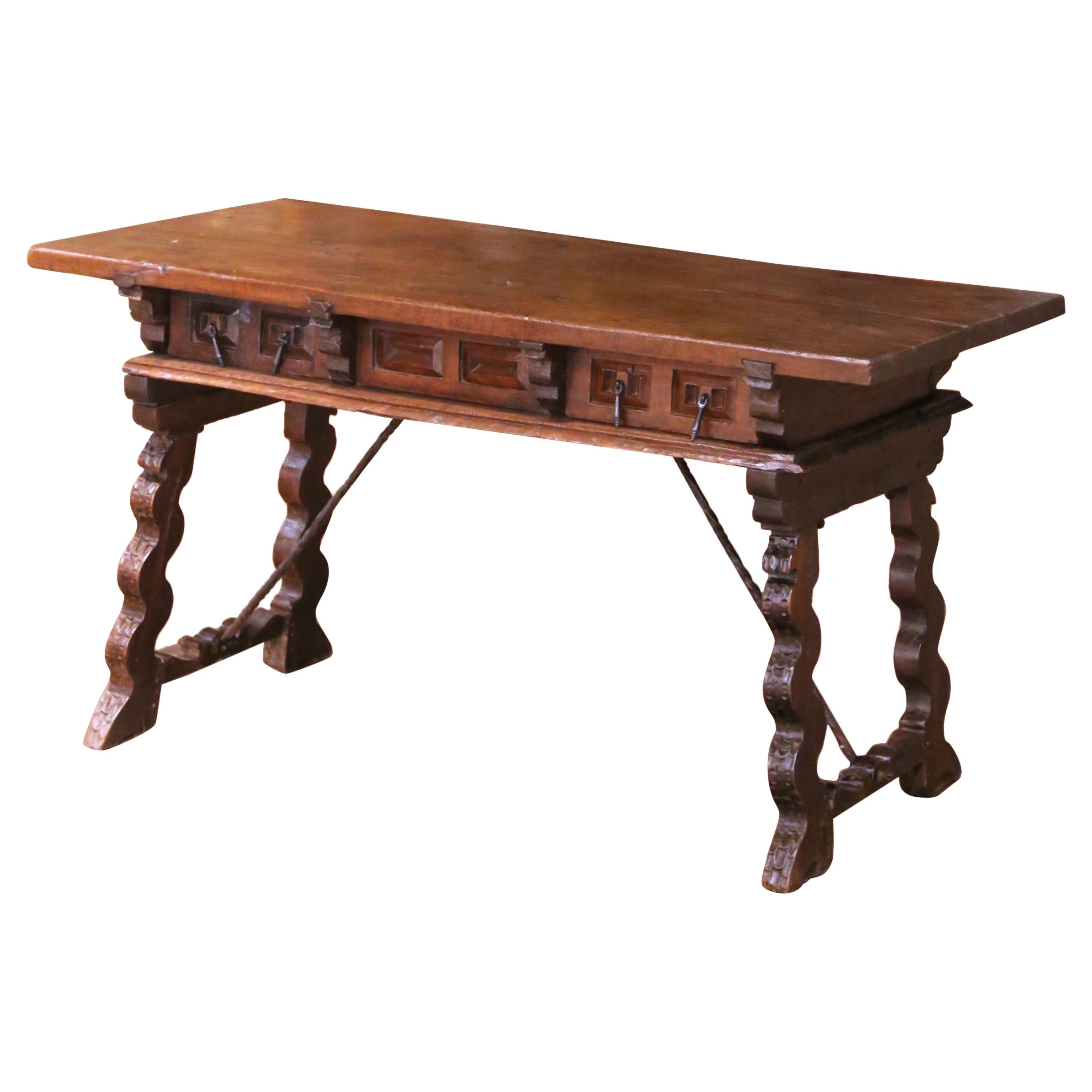 18th Century Spanish Carved Walnut Desk with Single Plank Top and Three Drawers