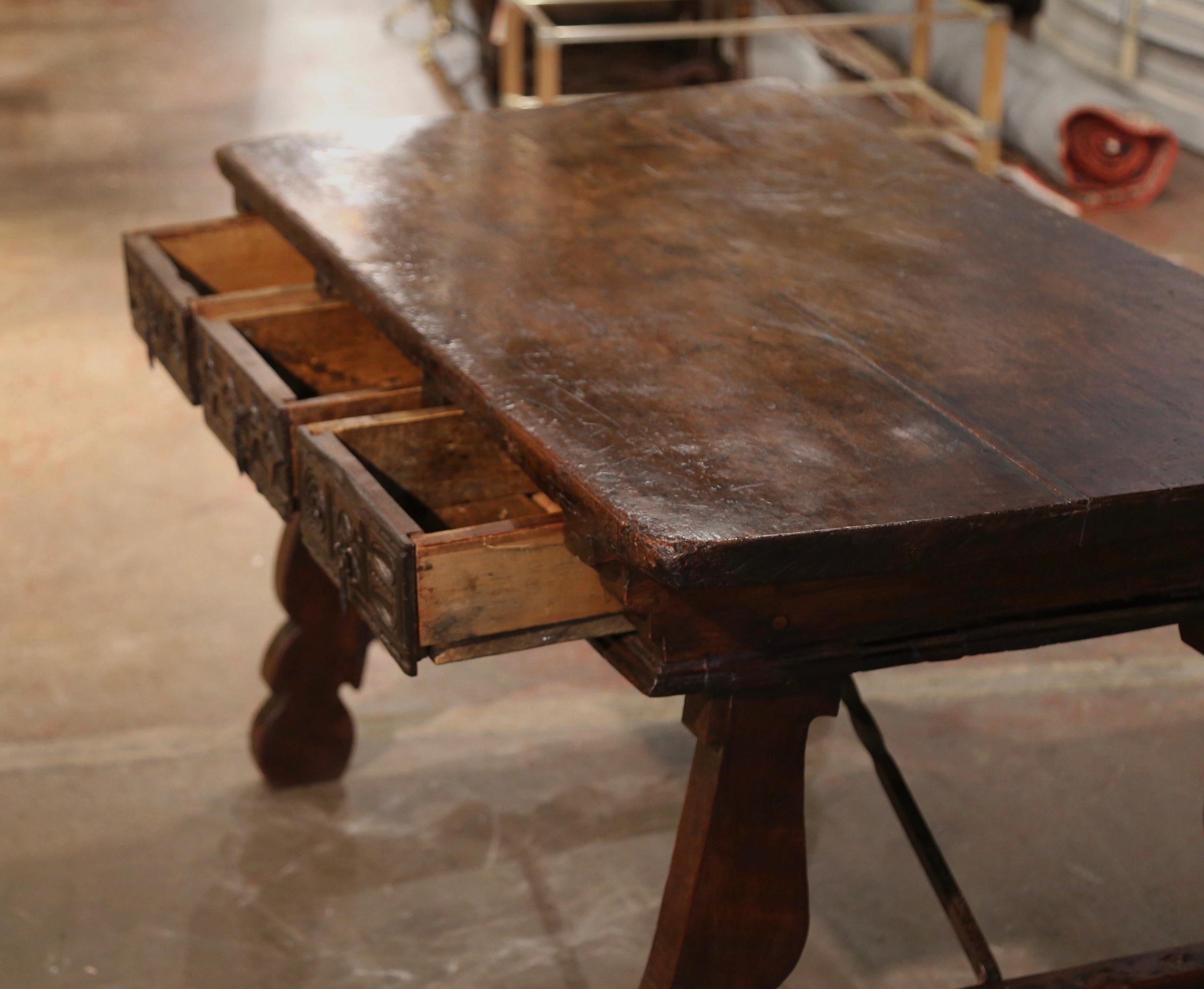 18th Century Spanish Carved Walnut Desk Writing Table with Iron Stretcher 3
