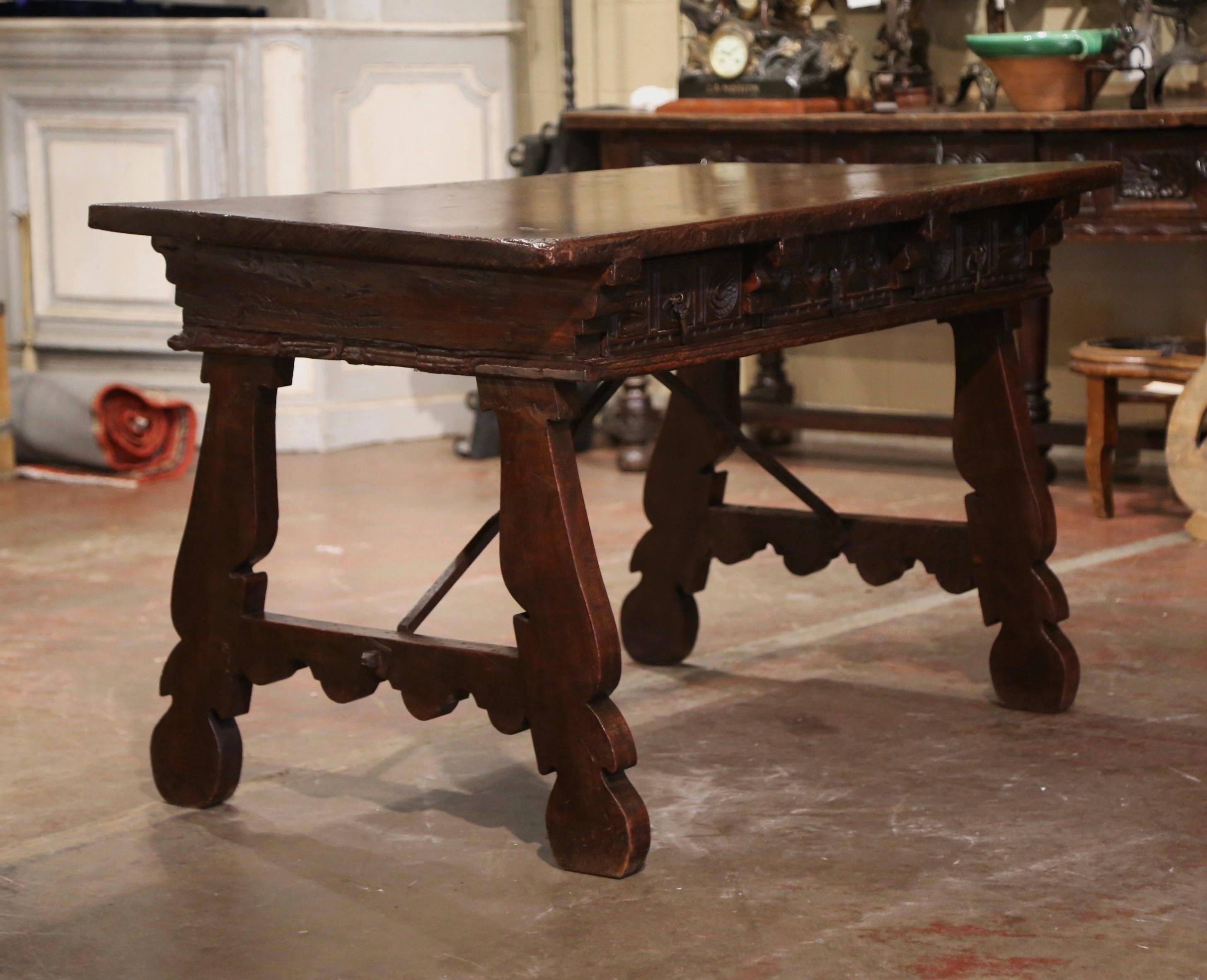 18th Century Spanish Carved Walnut Desk Writing Table with Iron Stretcher 4