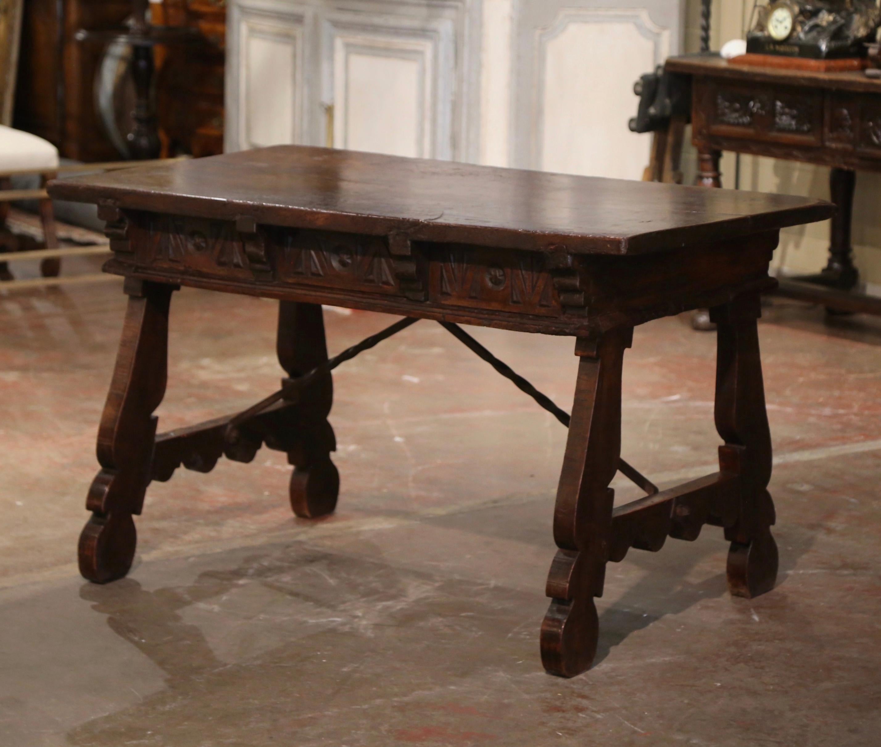18th Century Spanish Carved Walnut Desk Writing Table with Iron Stretcher 5