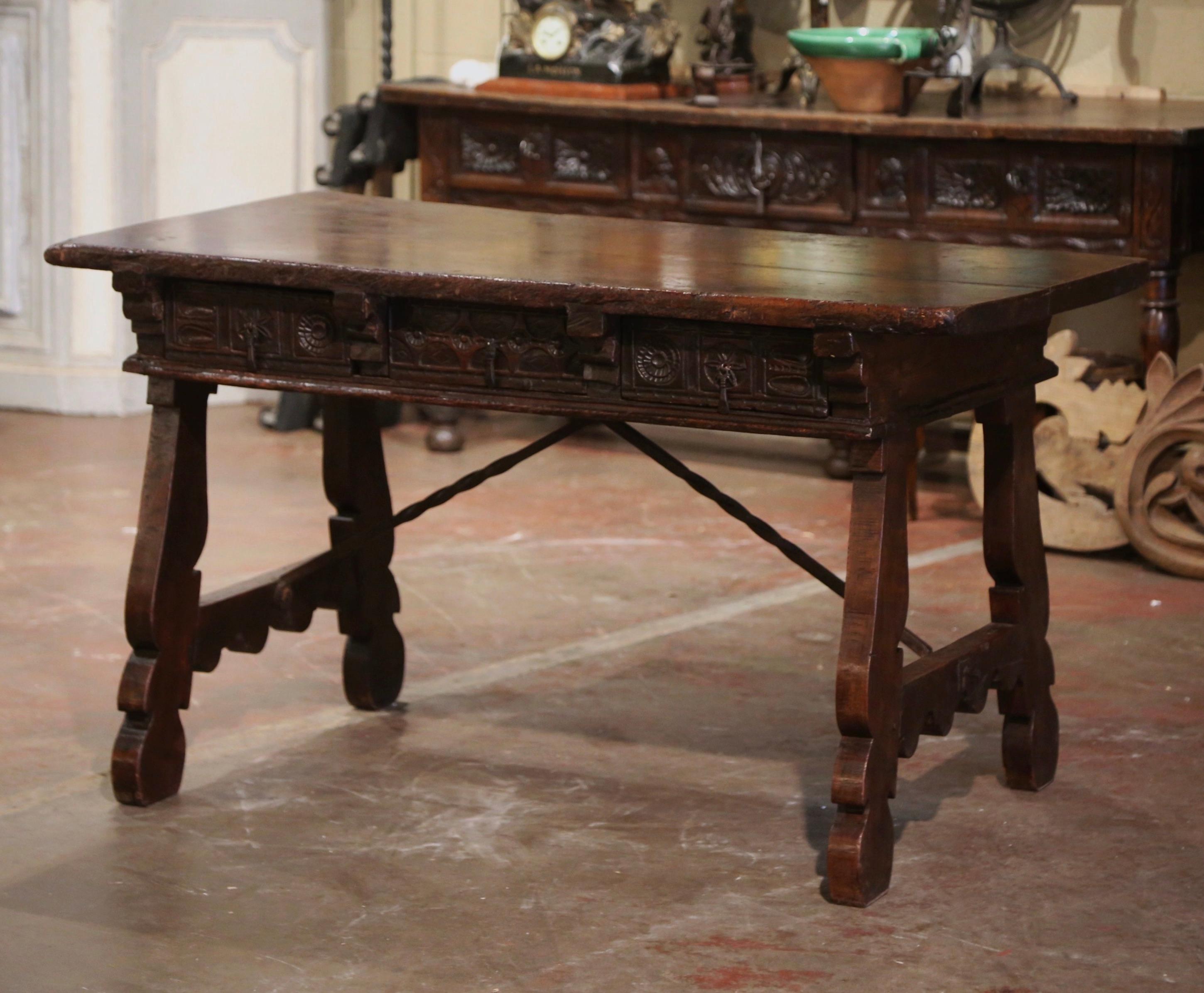 Hand-Carved 18th Century Spanish Carved Walnut Desk Writing Table with Iron Stretcher
