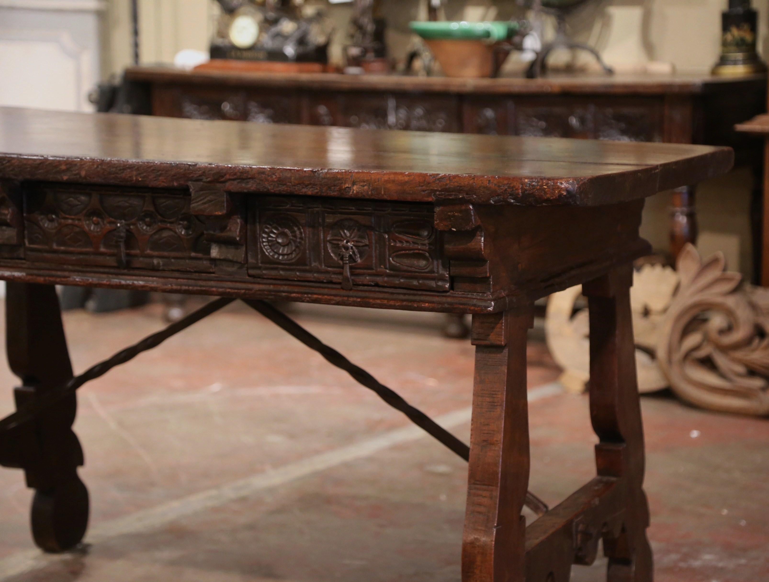 18th Century Spanish Carved Walnut Desk Writing Table with Iron Stretcher In Excellent Condition In Dallas, TX