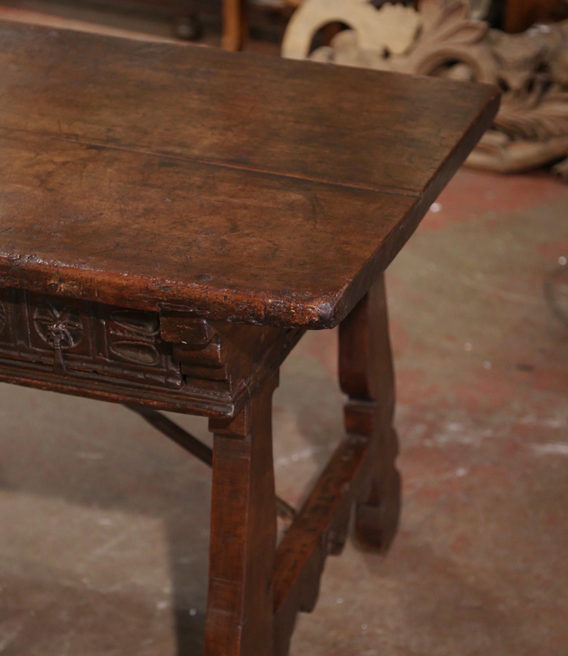 Wrought Iron 18th Century Spanish Carved Walnut Desk Writing Table with Iron Stretcher