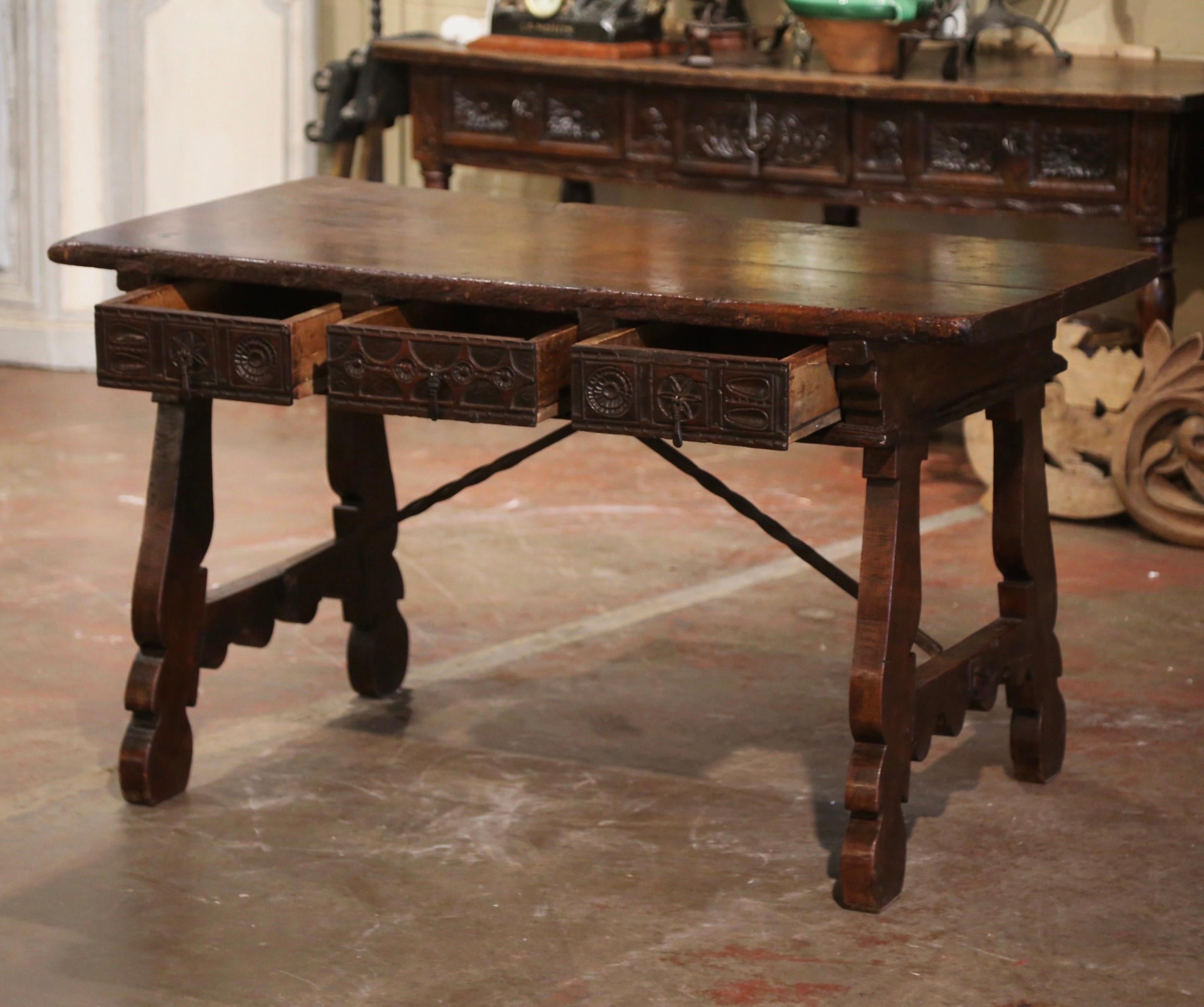 18th Century Spanish Carved Walnut Desk Writing Table with Iron Stretcher 1
