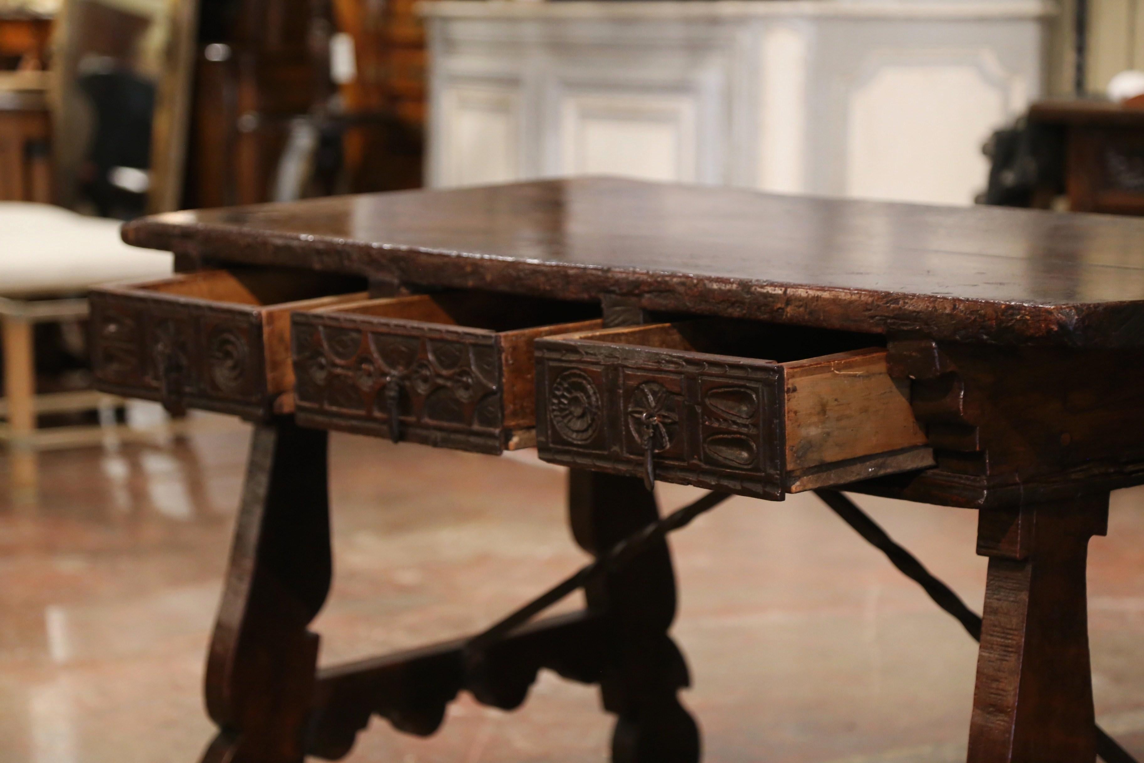 18th Century Spanish Carved Walnut Desk Writing Table with Iron Stretcher 2