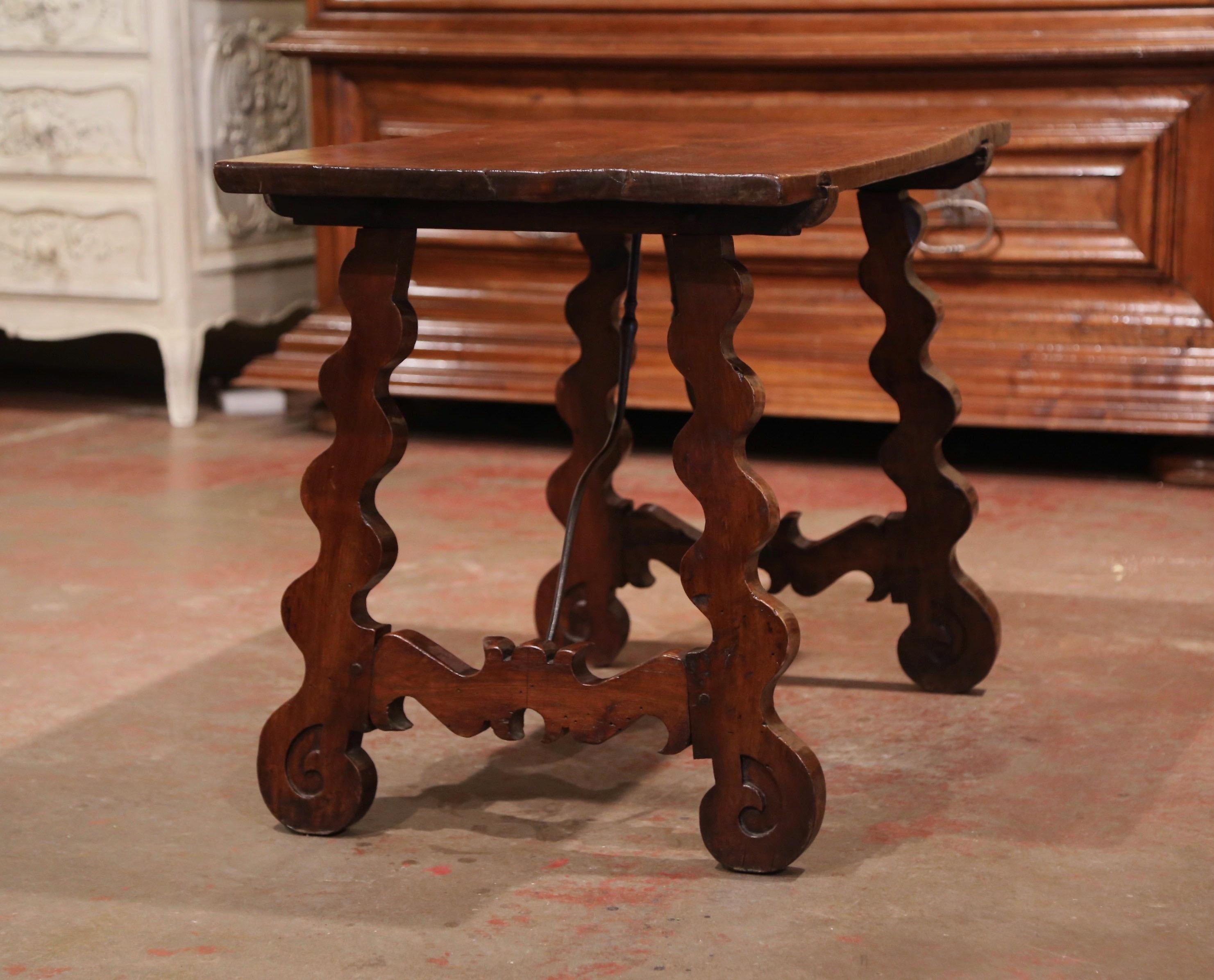 Hand-Carved 18th Century Spanish Carved Walnut Side Table with Wrought Iron Stretcher