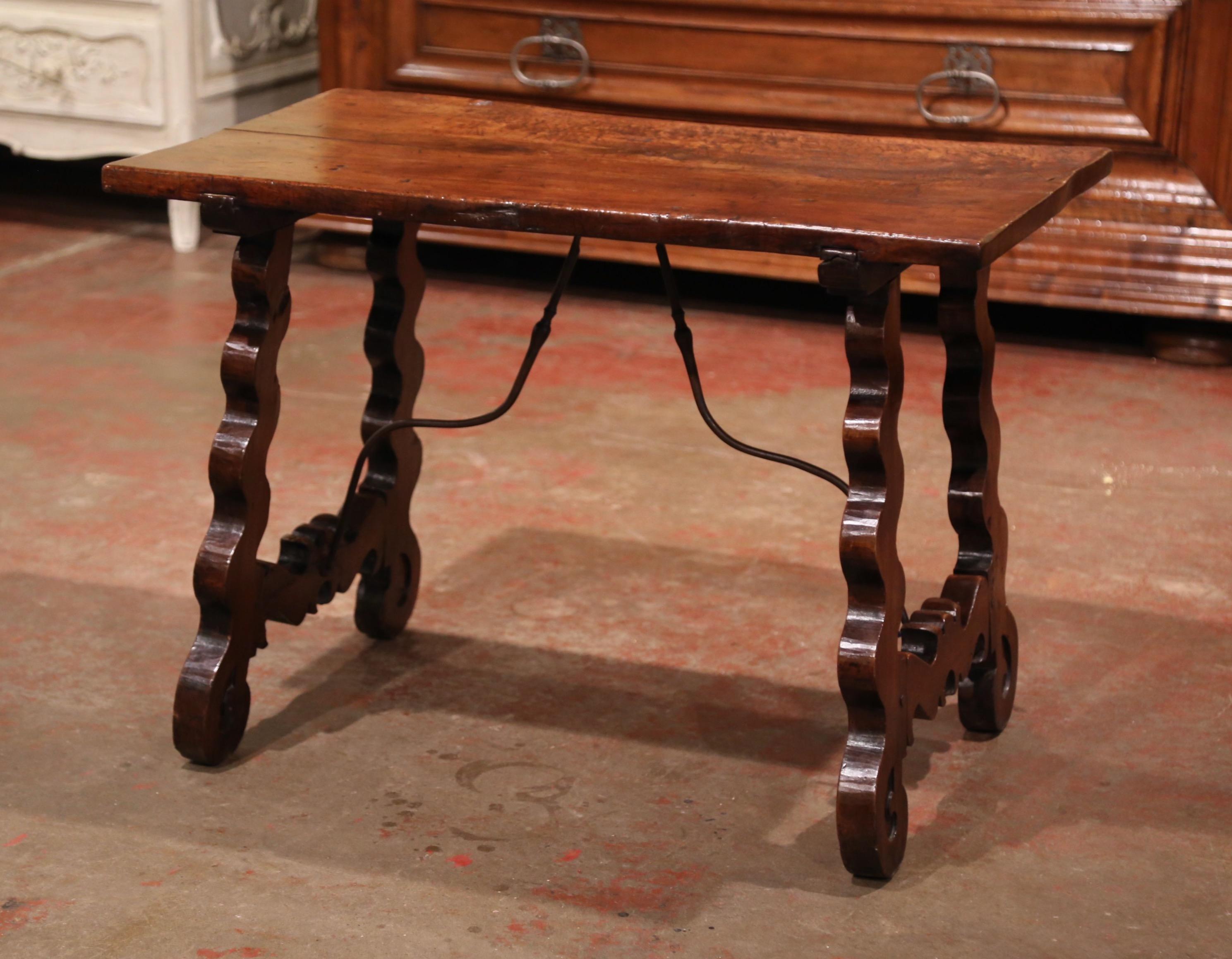 18th Century Spanish Carved Walnut Side Table with Wrought Iron Stretcher In Excellent Condition In Dallas, TX