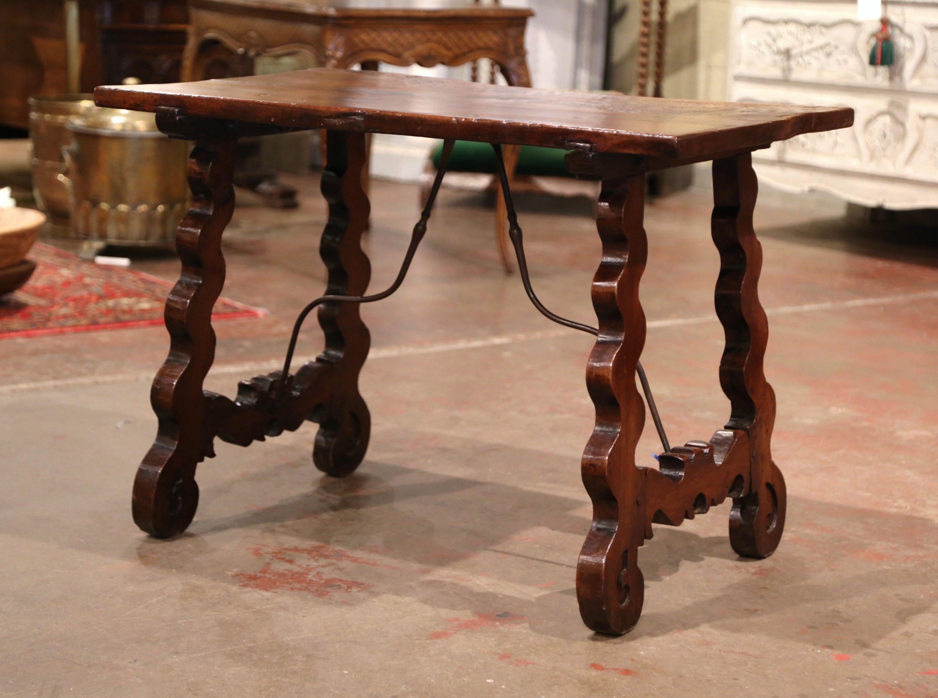 18th Century Spanish Carved Walnut Side Table with Wrought Iron Stretcher 1