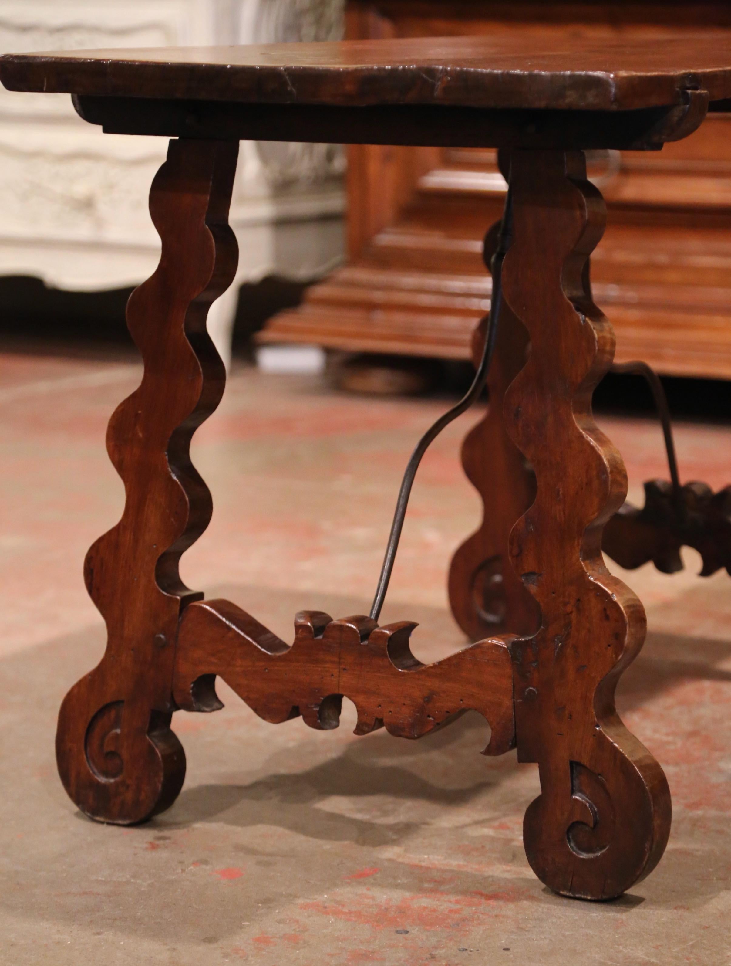 18th Century Spanish Carved Walnut Side Table with Wrought Iron Stretcher 2