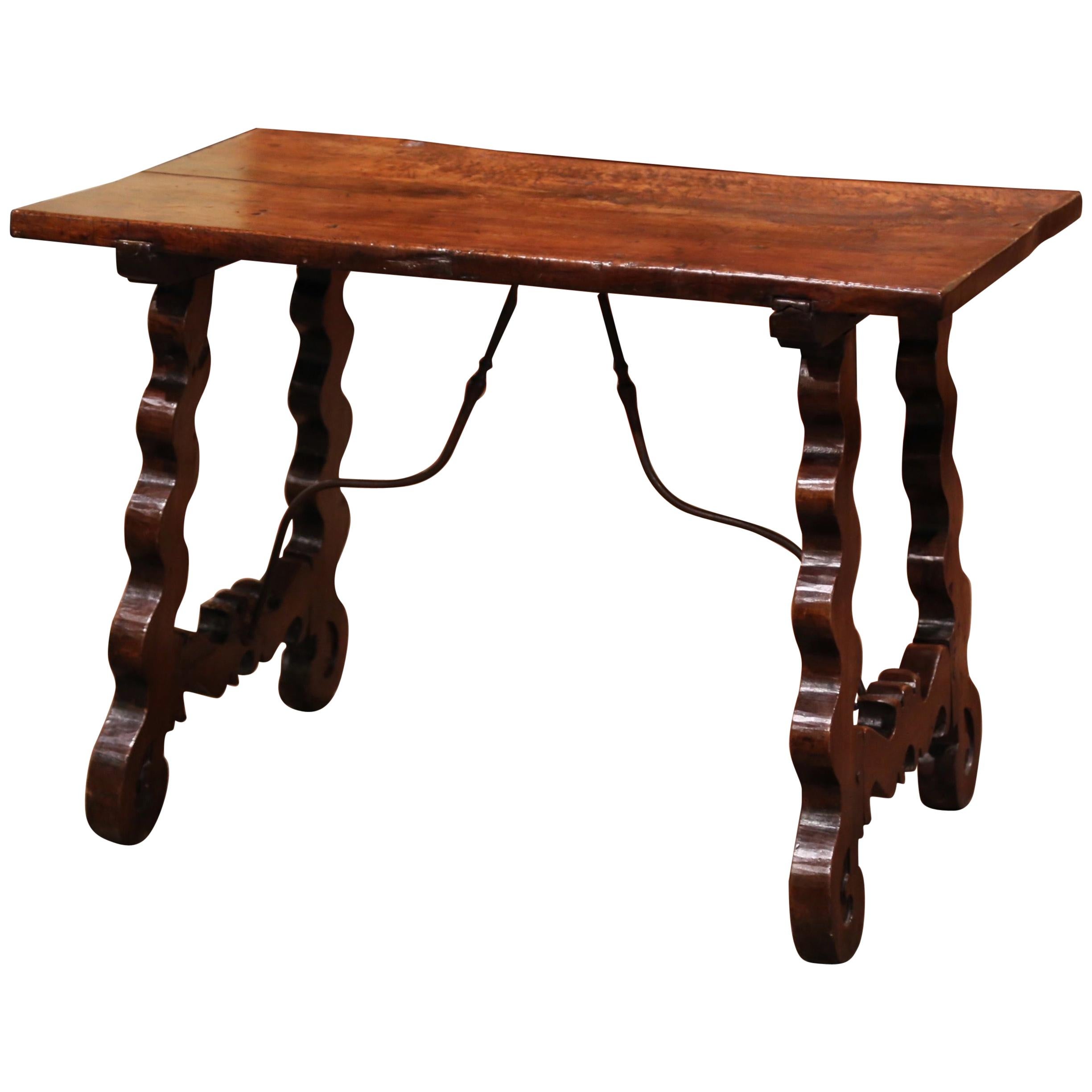 18th Century Spanish Carved Walnut Side Table with Wrought Iron Stretcher