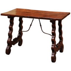 18th Century Spanish Carved Walnut Side Table with Wrought Iron Stretcher