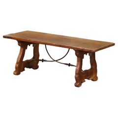 18th Century Spanish Carved Walnut Single Plank Coffee Table with Iron Stretcher