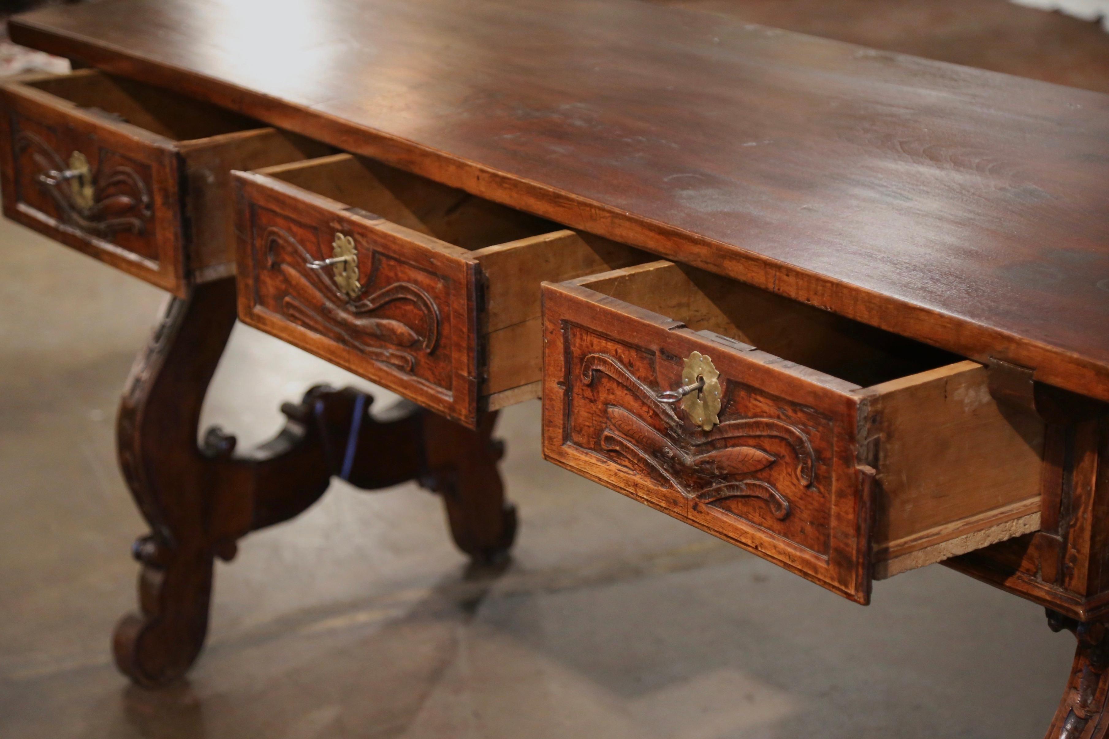 18th Century Spanish Carved Walnut Single Plank Top Three-Drawer Console Table For Sale 6