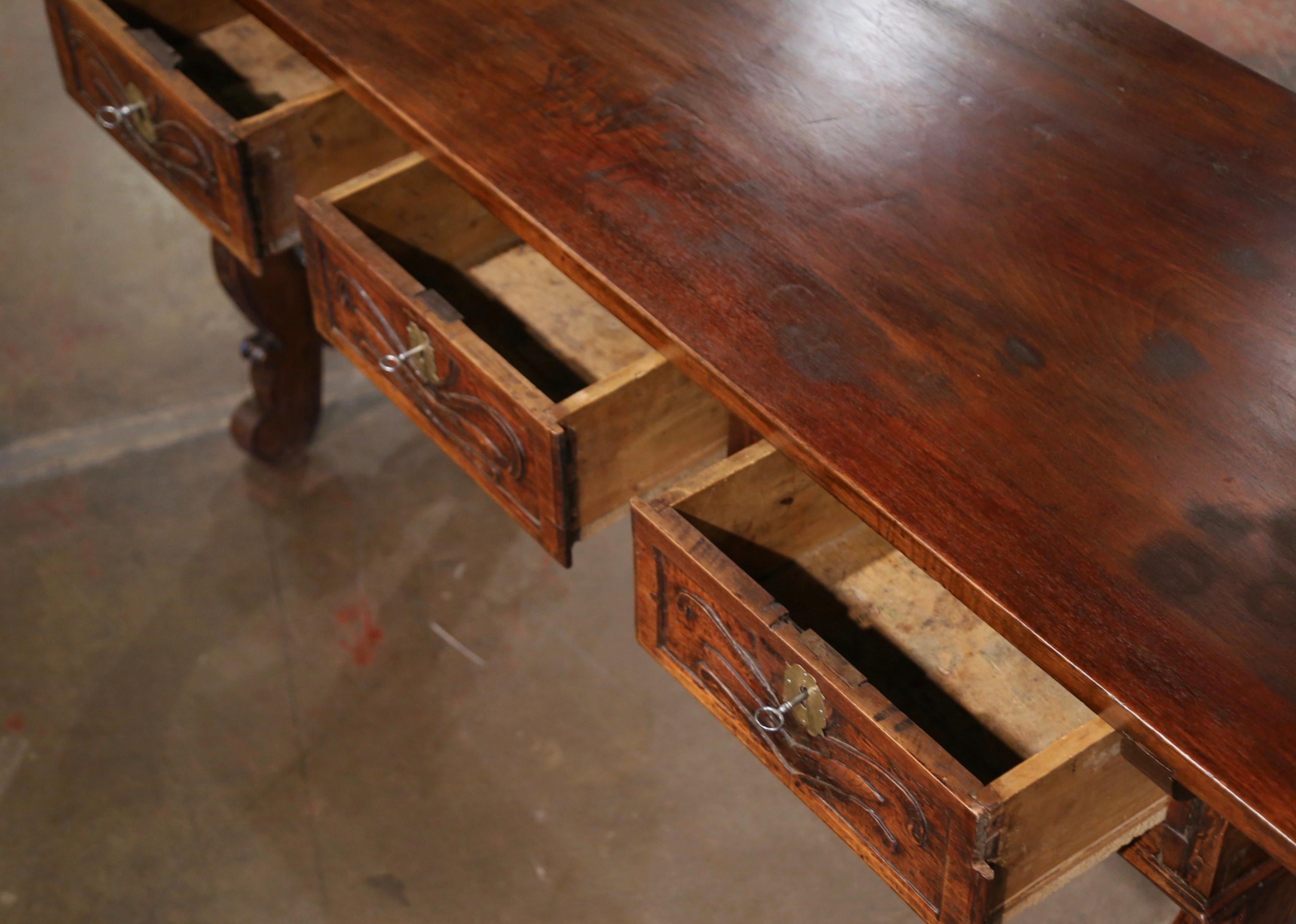18th Century Spanish Carved Walnut Single Plank Top Three-Drawer Console Table 8