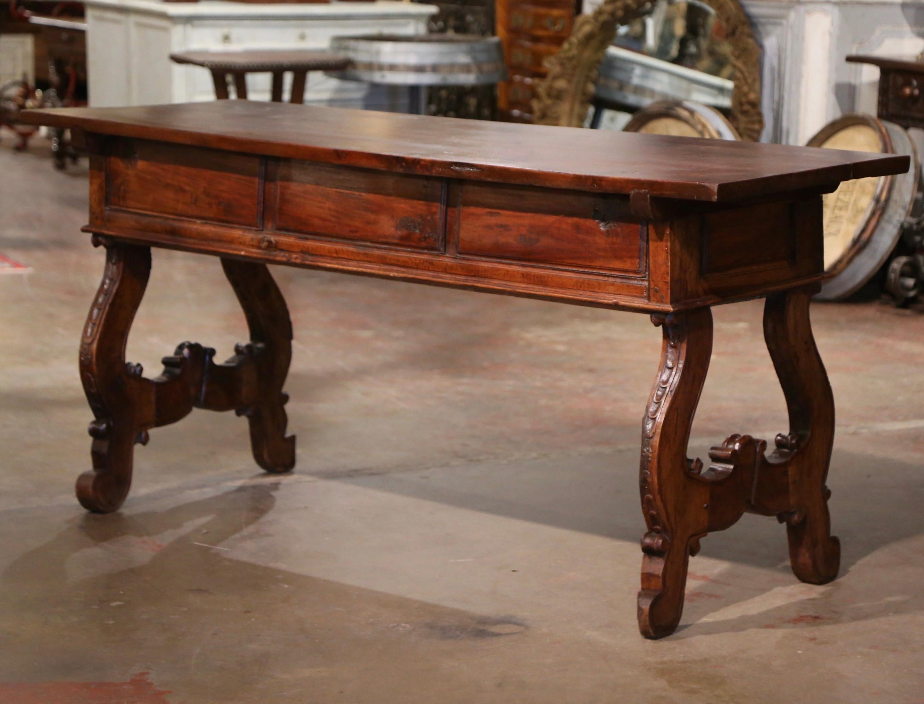 18th Century Spanish Carved Walnut Single Plank Top Three-Drawer Console Table 10
