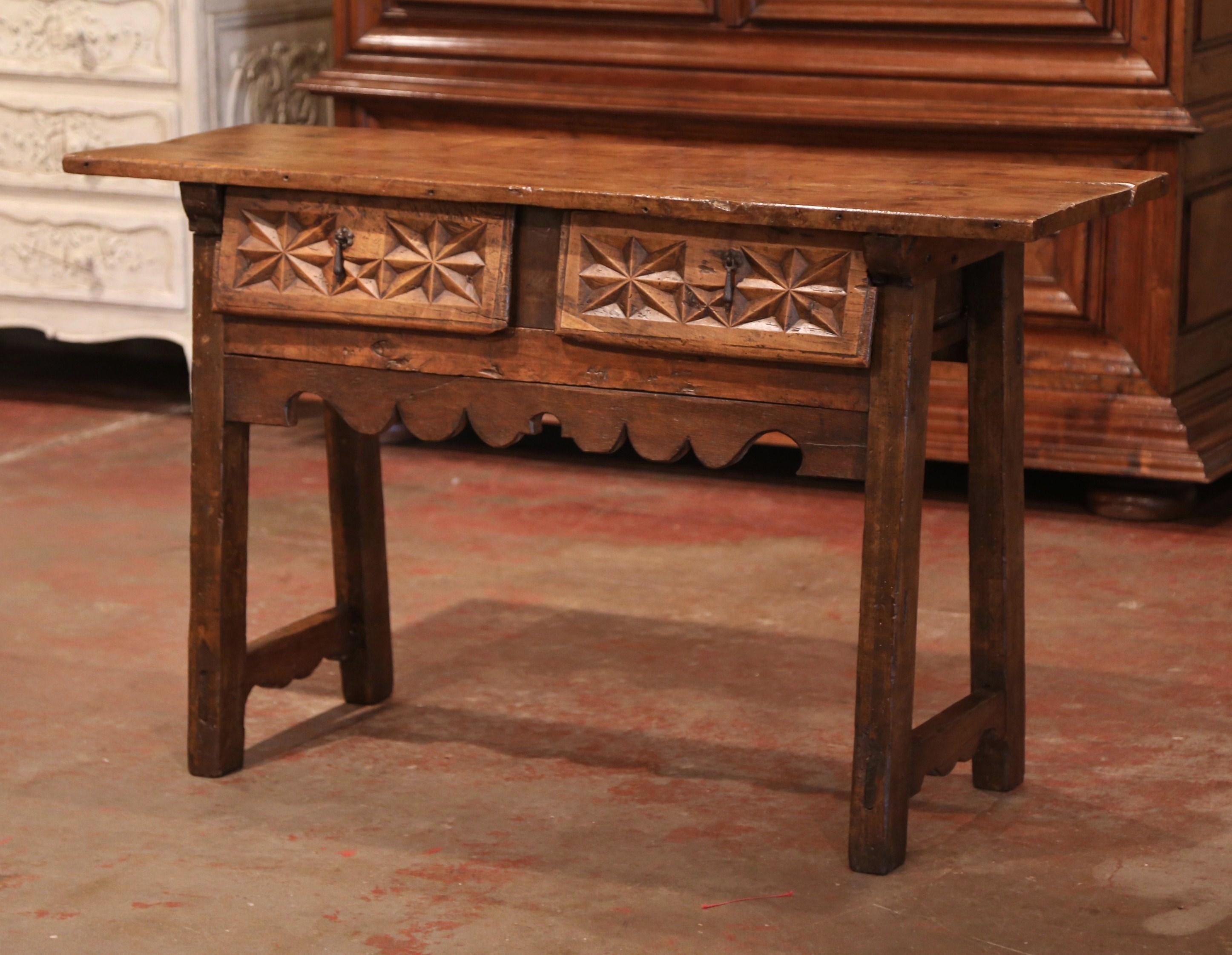 18th Century Spanish Carved Walnut Trestle Console Sofa Table with Drawers In Excellent Condition In Dallas, TX