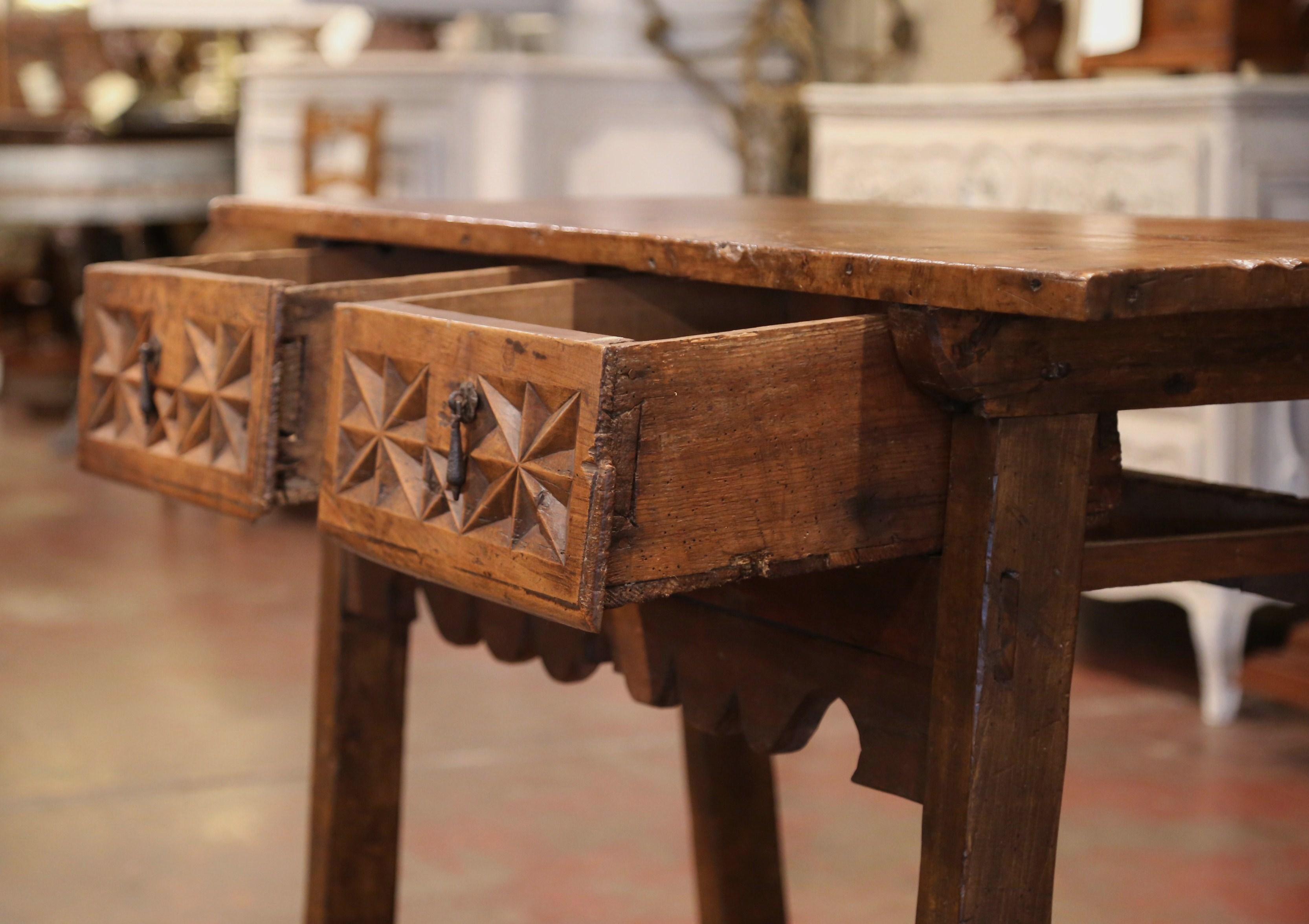 18th Century Spanish Carved Walnut Trestle Console Sofa Table with Drawers 2