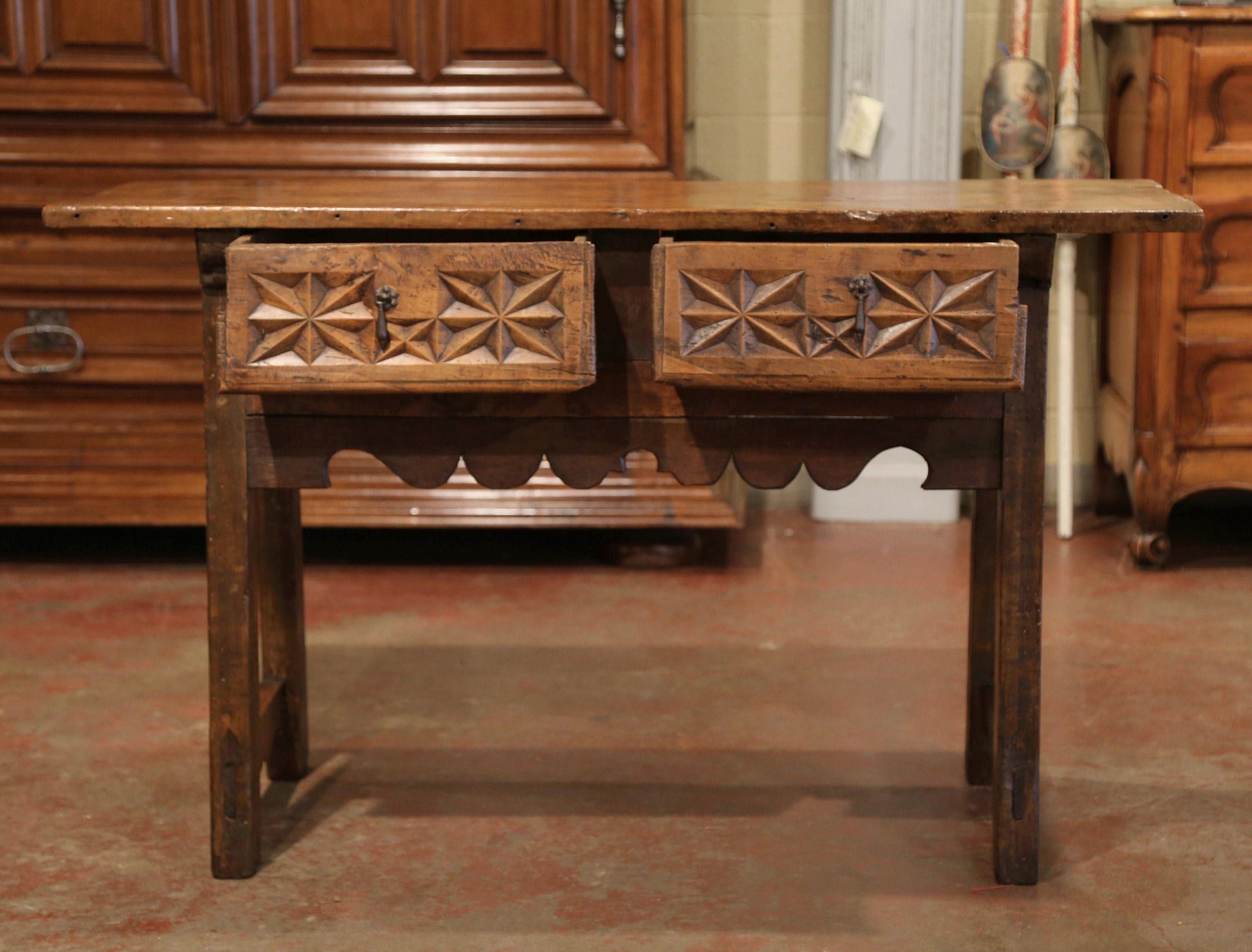 18th Century Spanish Carved Walnut Trestle Console Sofa Table with Drawers 3