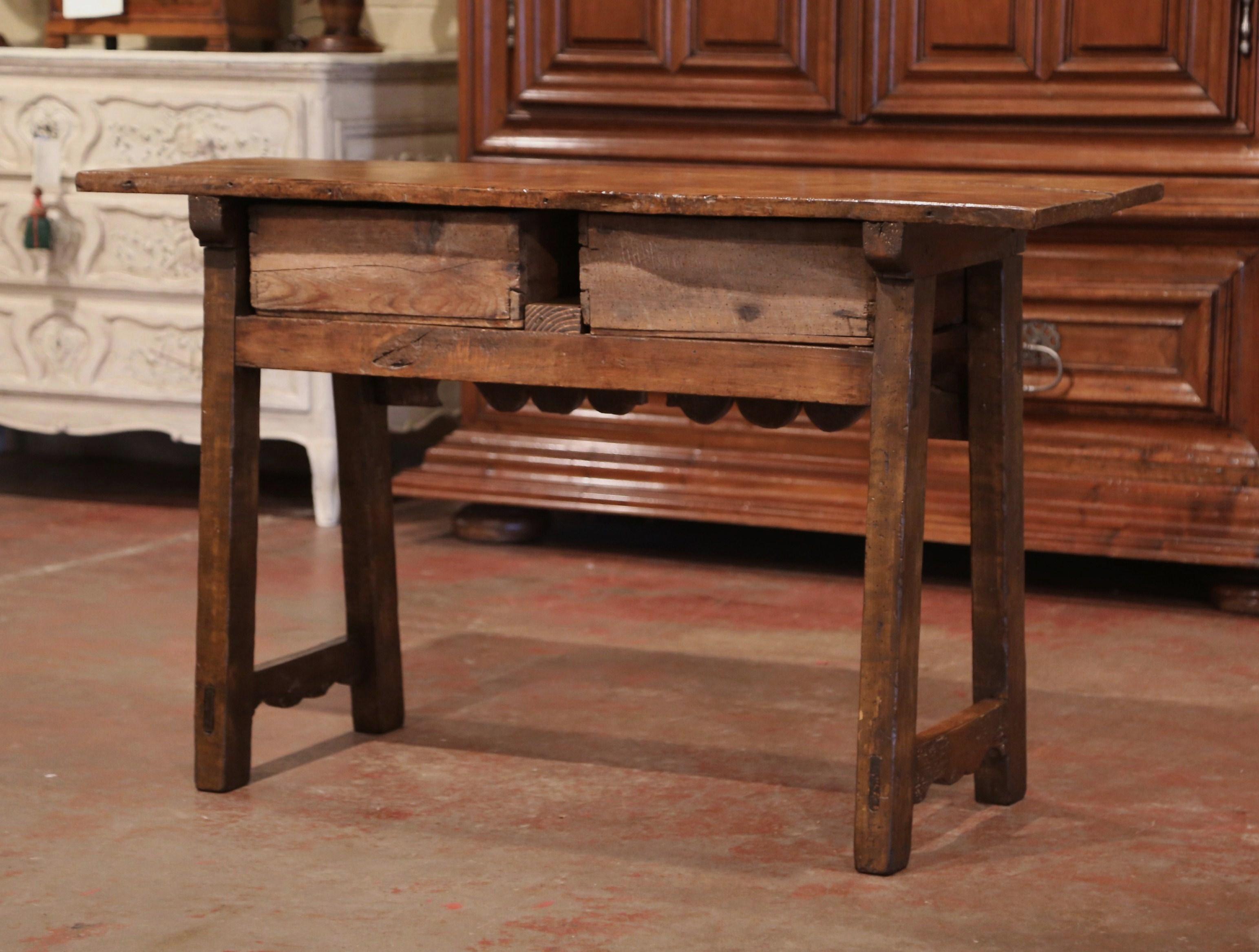 18th Century Spanish Carved Walnut Trestle Console Sofa Table with Drawers 4