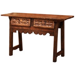 18th Century Spanish Carved Walnut Trestle Console Sofa Table with Drawers