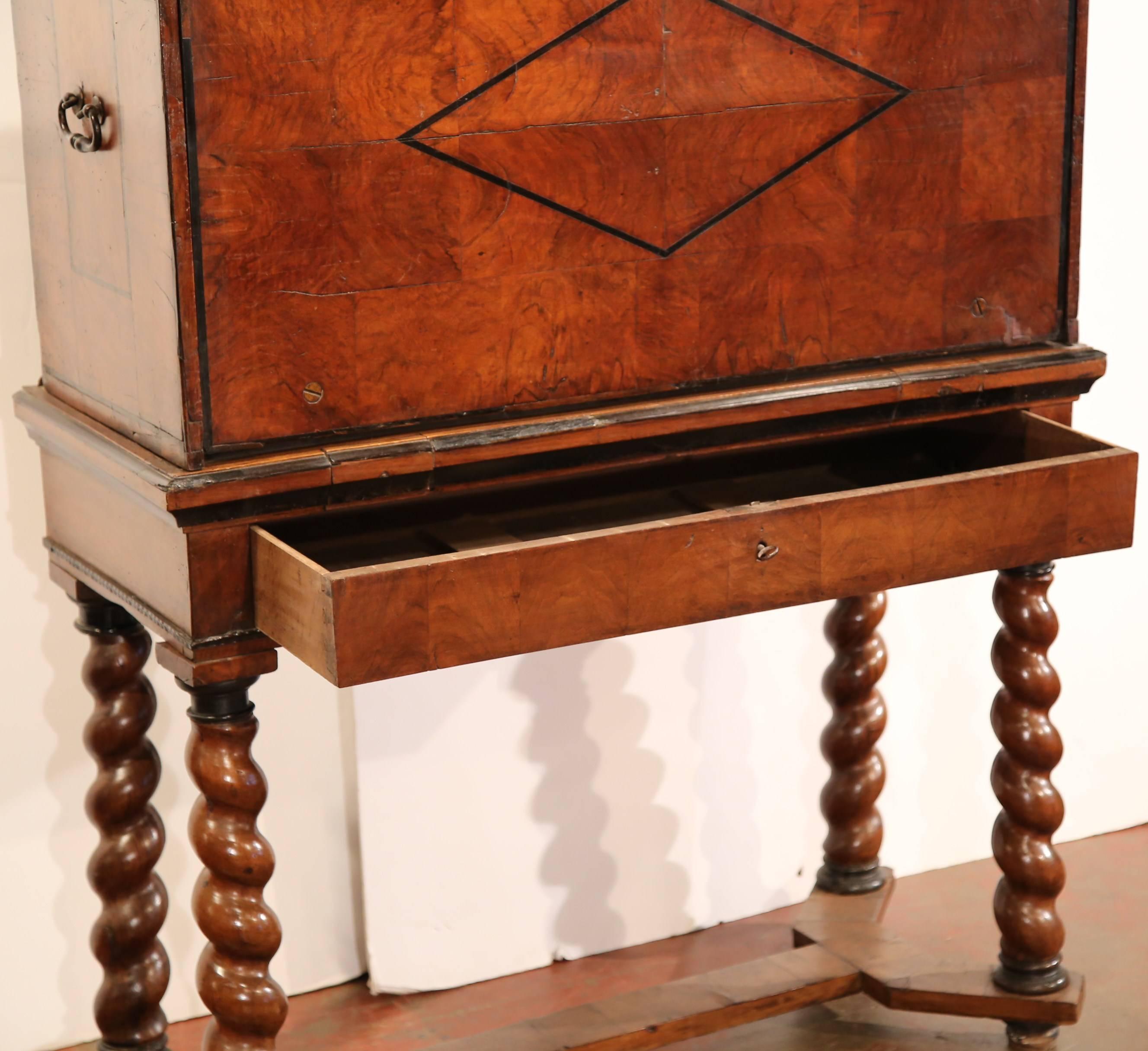 Iron 18th Century, Spanish, Carved Walnut Two-Piece Bargueno Cabinet and Base