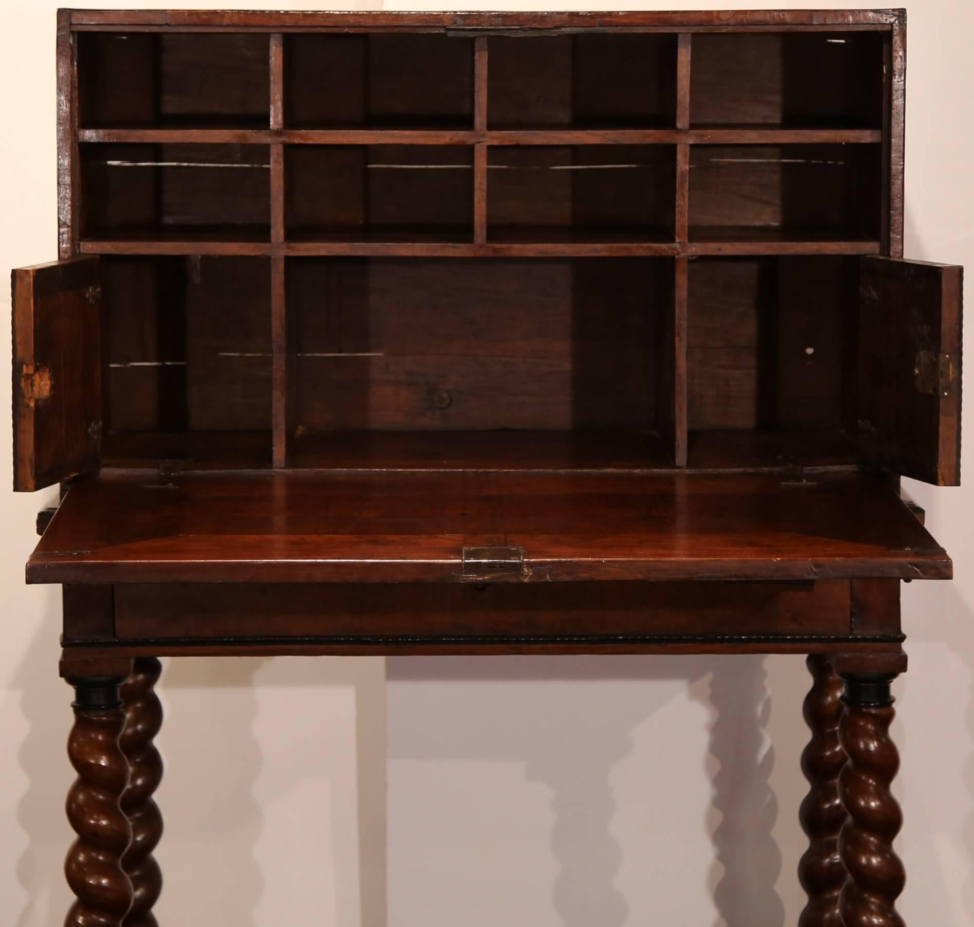 18th Century, Spanish, Carved Walnut Two-Piece Bargueno Cabinet and Base 1