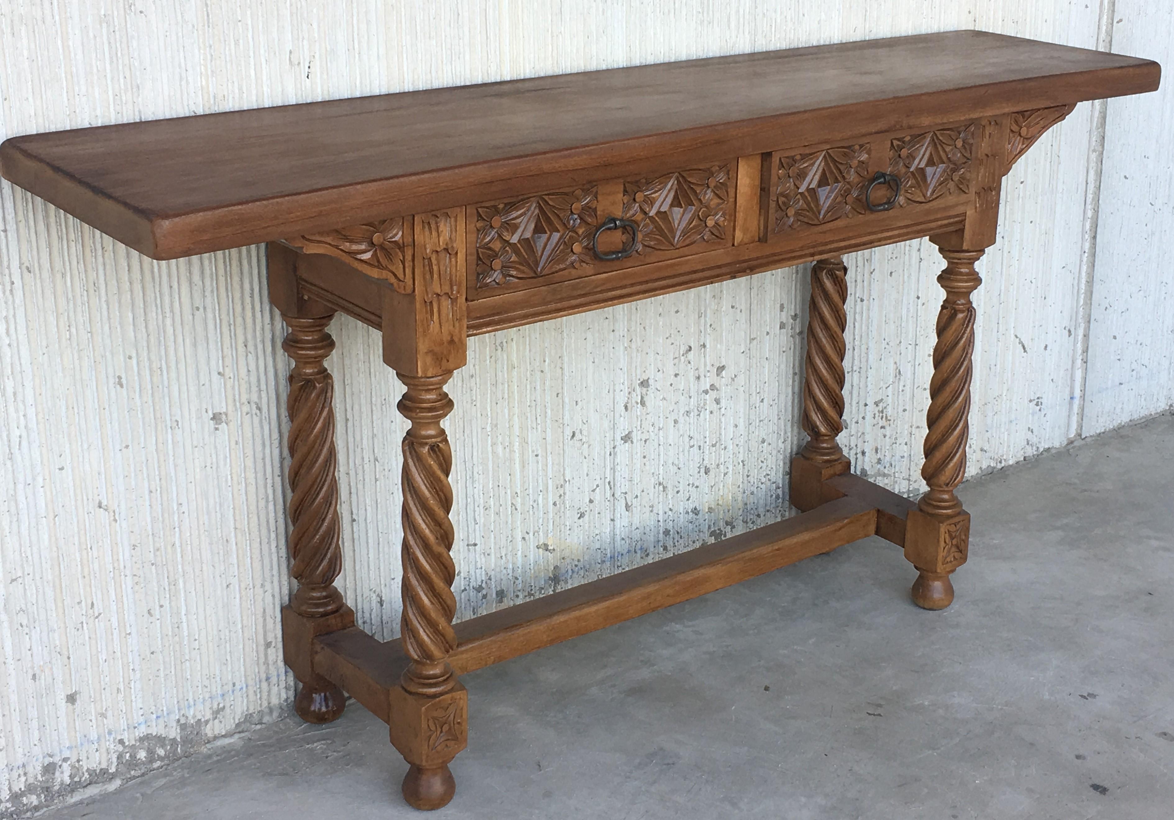 Baroque 18th Century Spanish Catalan Carved Console Table with Two Drawers