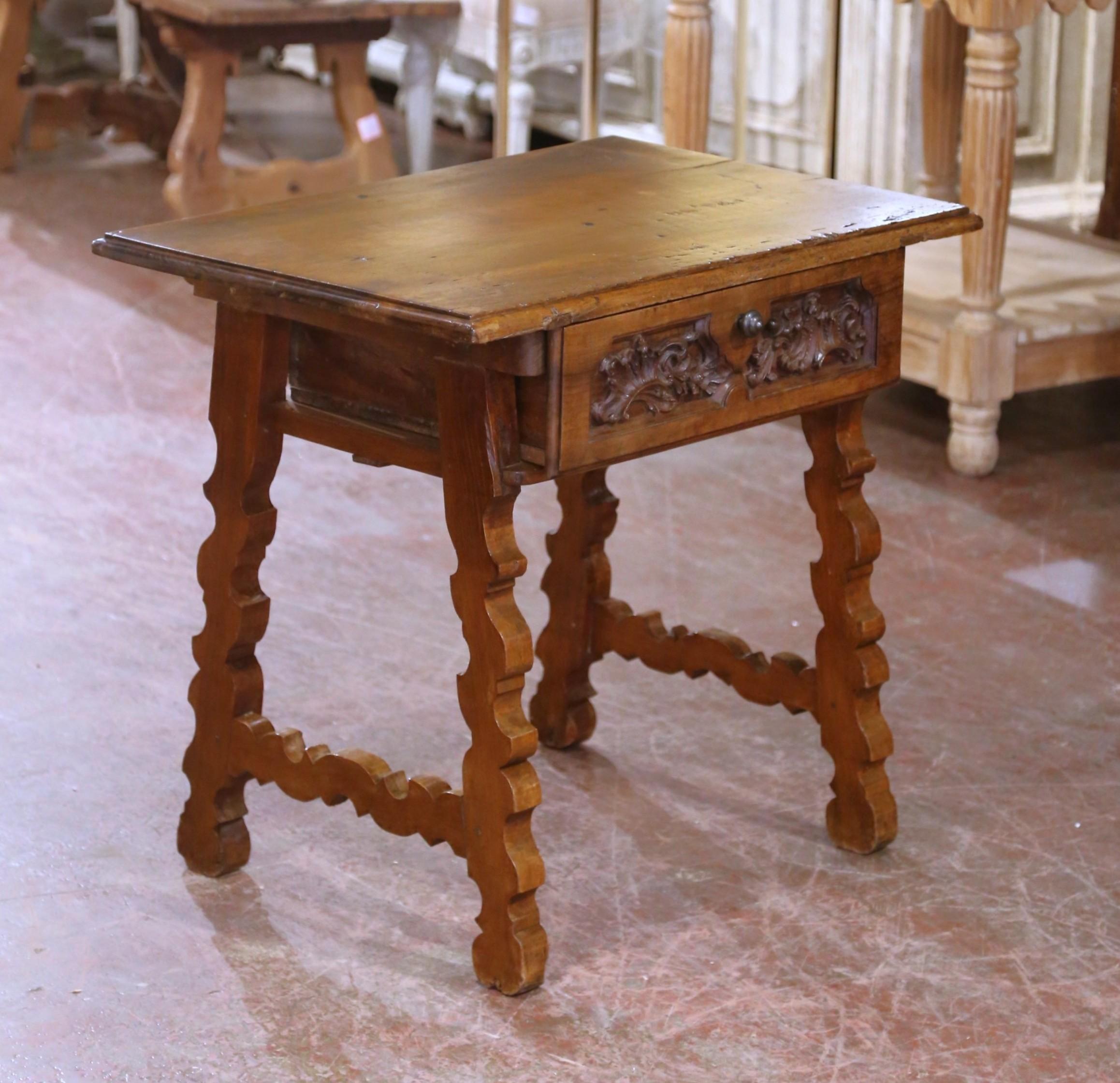 18th Century Spanish Catalan Carved Walnut Side Table with Drawer and Stretcher In Excellent Condition For Sale In Dallas, TX