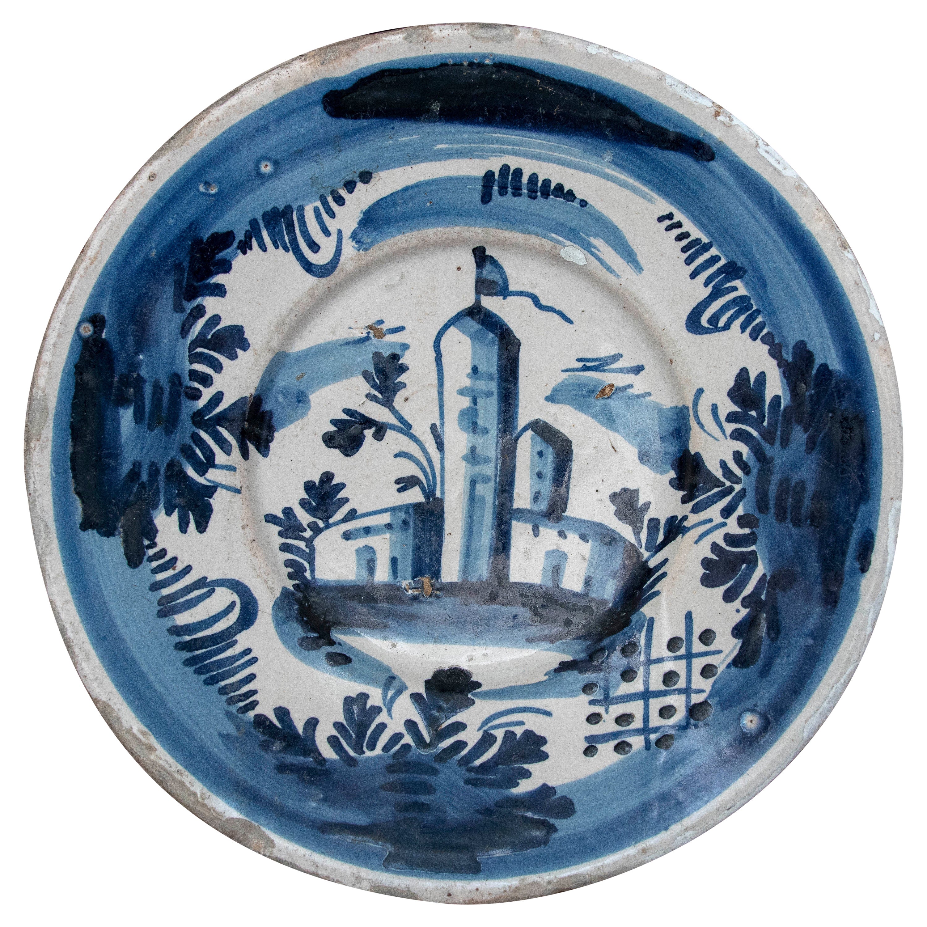18th Century Spanish Ceramic Plate with Architectural Scene