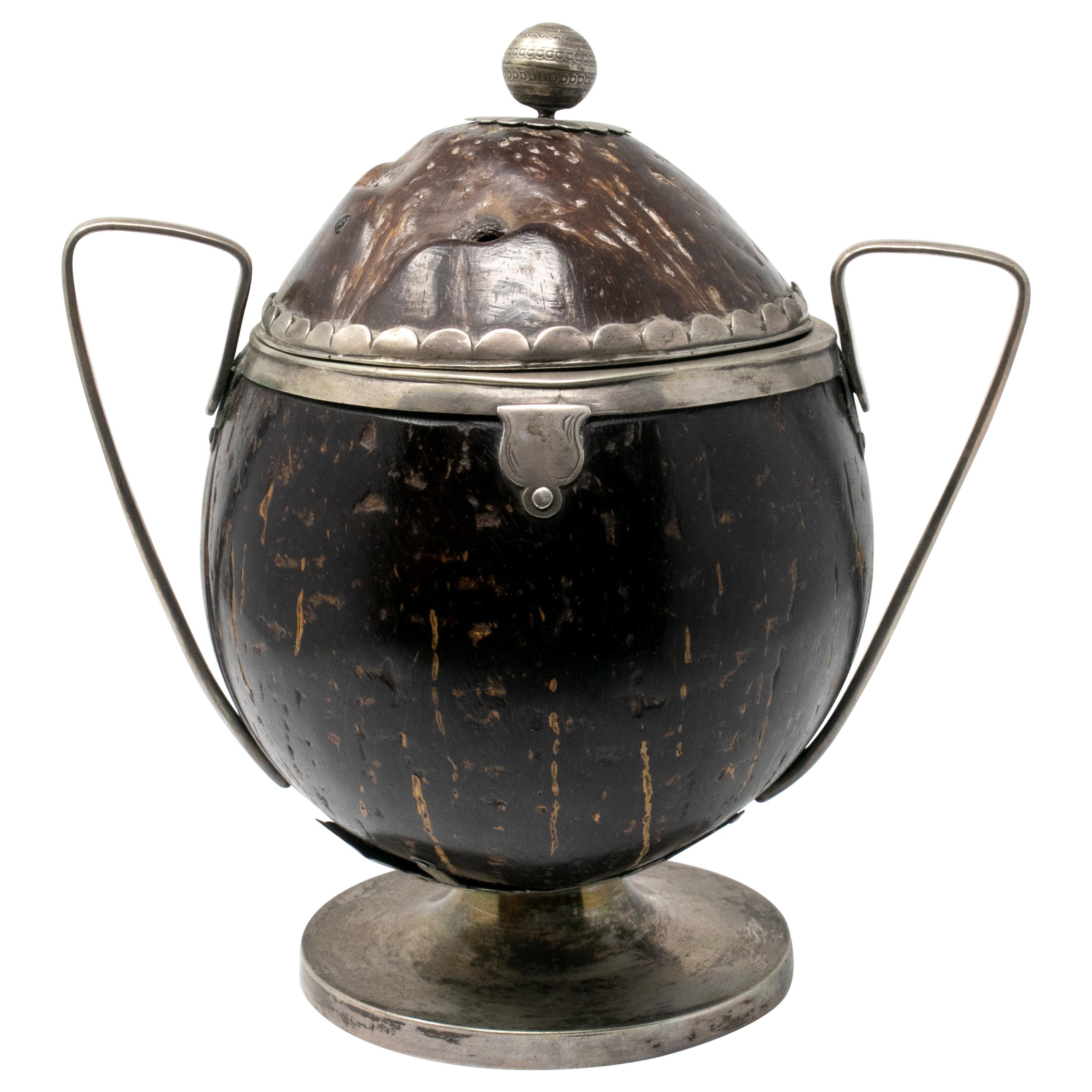18th Century Spanish Coconut Husk Jar with Silver Fittings