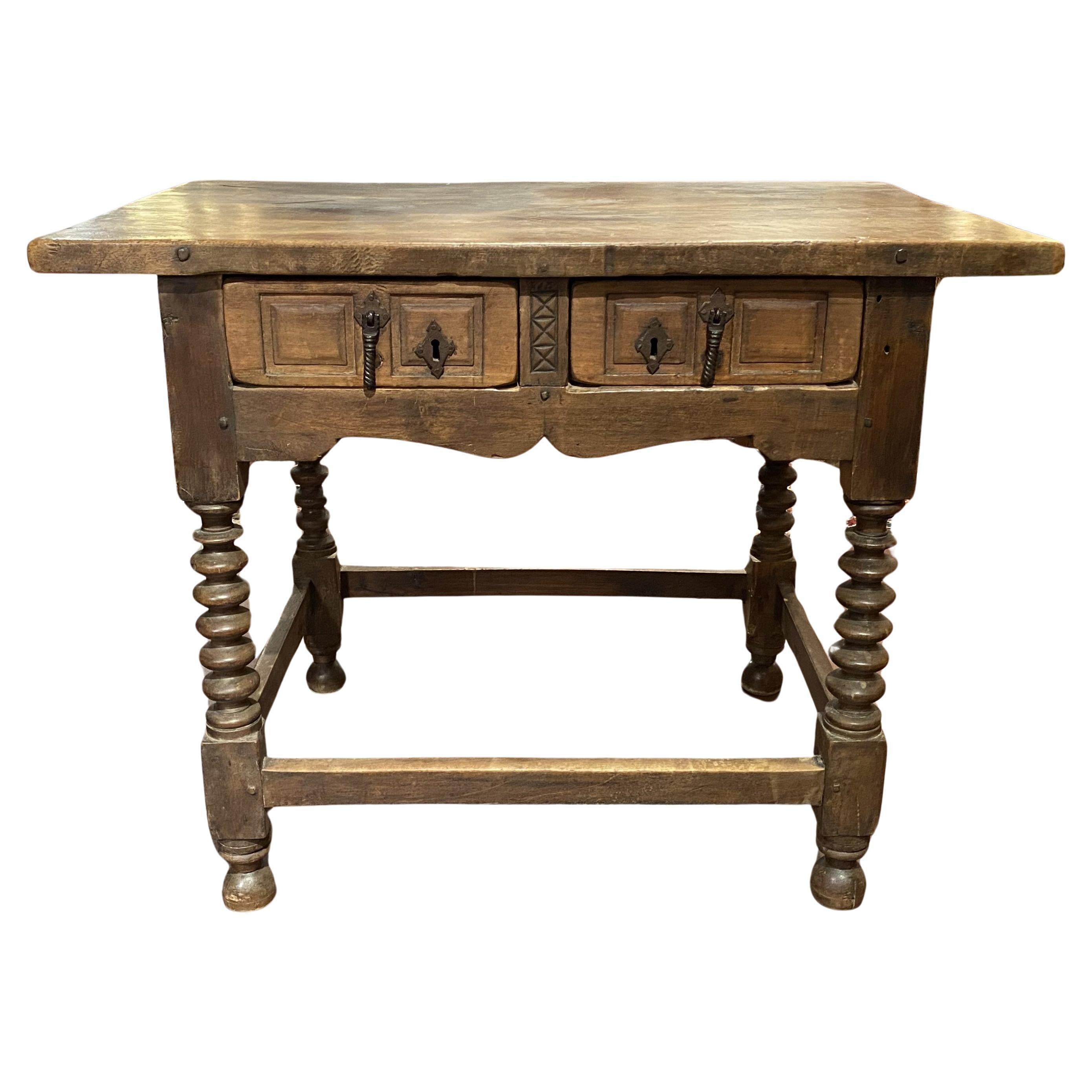 18th Century Spanish Colonial Baroque Walnut Two Drawer Table For Sale