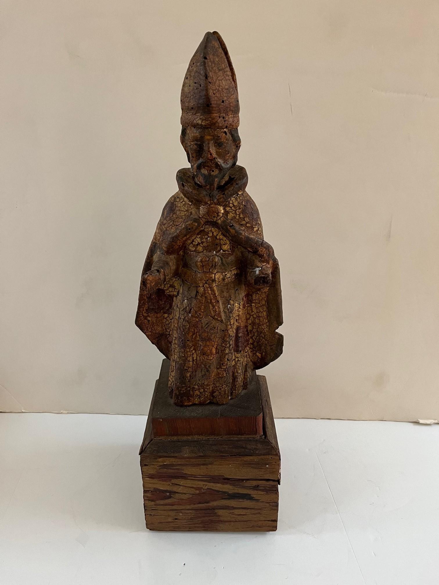 Vintage, 18th Century Spanish Colonial Carved Polychromed and Parcel-Gilt, Painted Sculpture of a Bishop with Mitred Head
