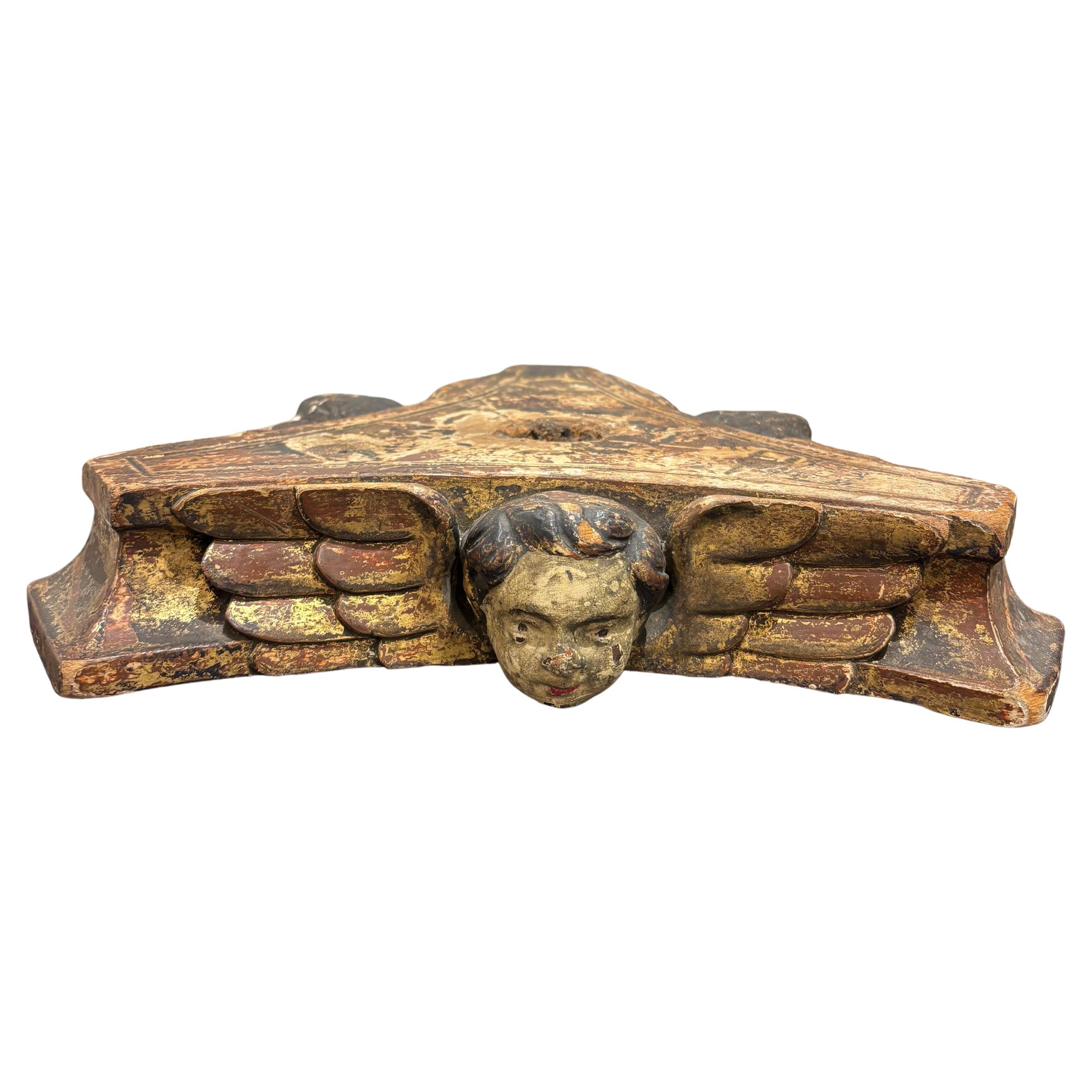 18. Jahrhundert Spanisch Kolonial Craved Vergoldetes Holz Geflügelte Cherub Basis