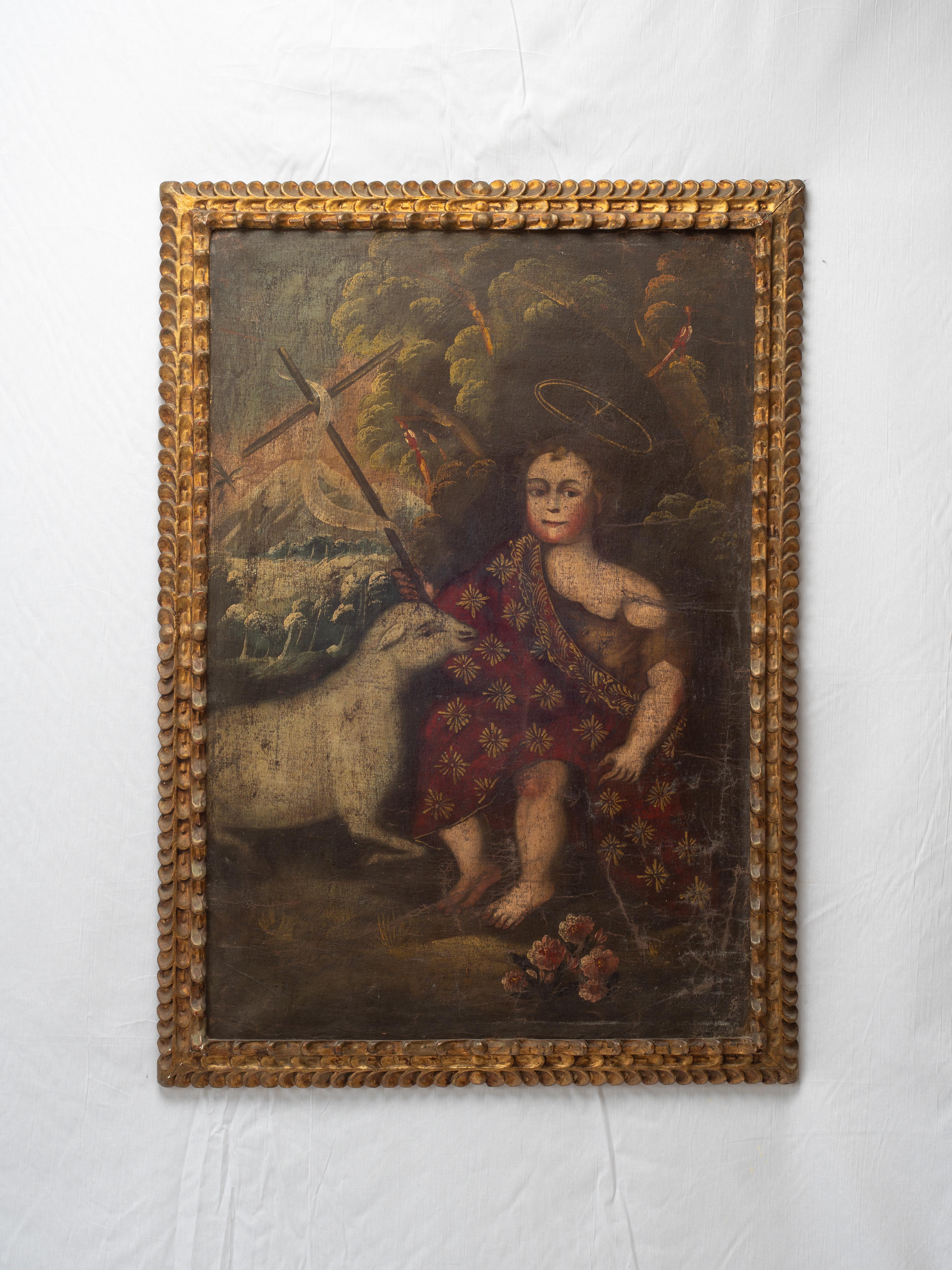 Believed to be original Cusco school portraiture of St. John The Baptist, wielding a cross near the lamb of God.

Good Condition. Wear is consistent with age. Minor to moderate paint losses throughout face of painting. Previous patched repair to