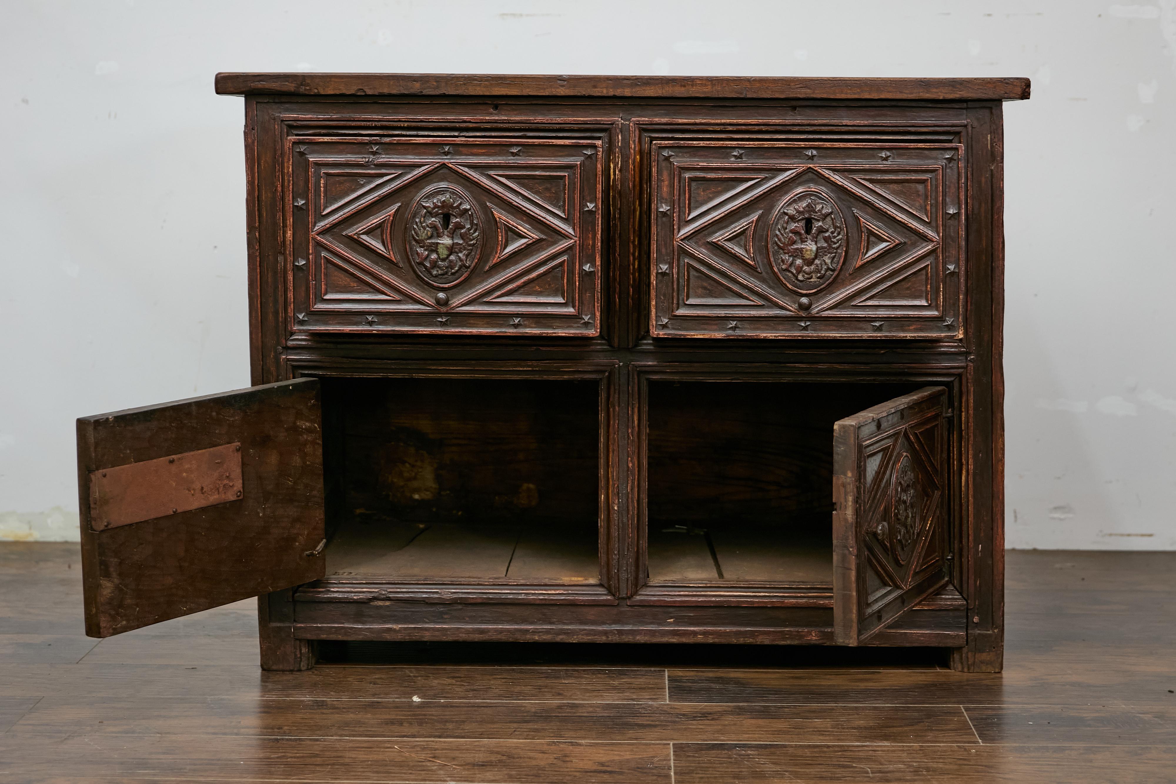 Hand-Carved 18th Century Spanish Colonial Geometric Front Sideboard with Drawers and Doors
