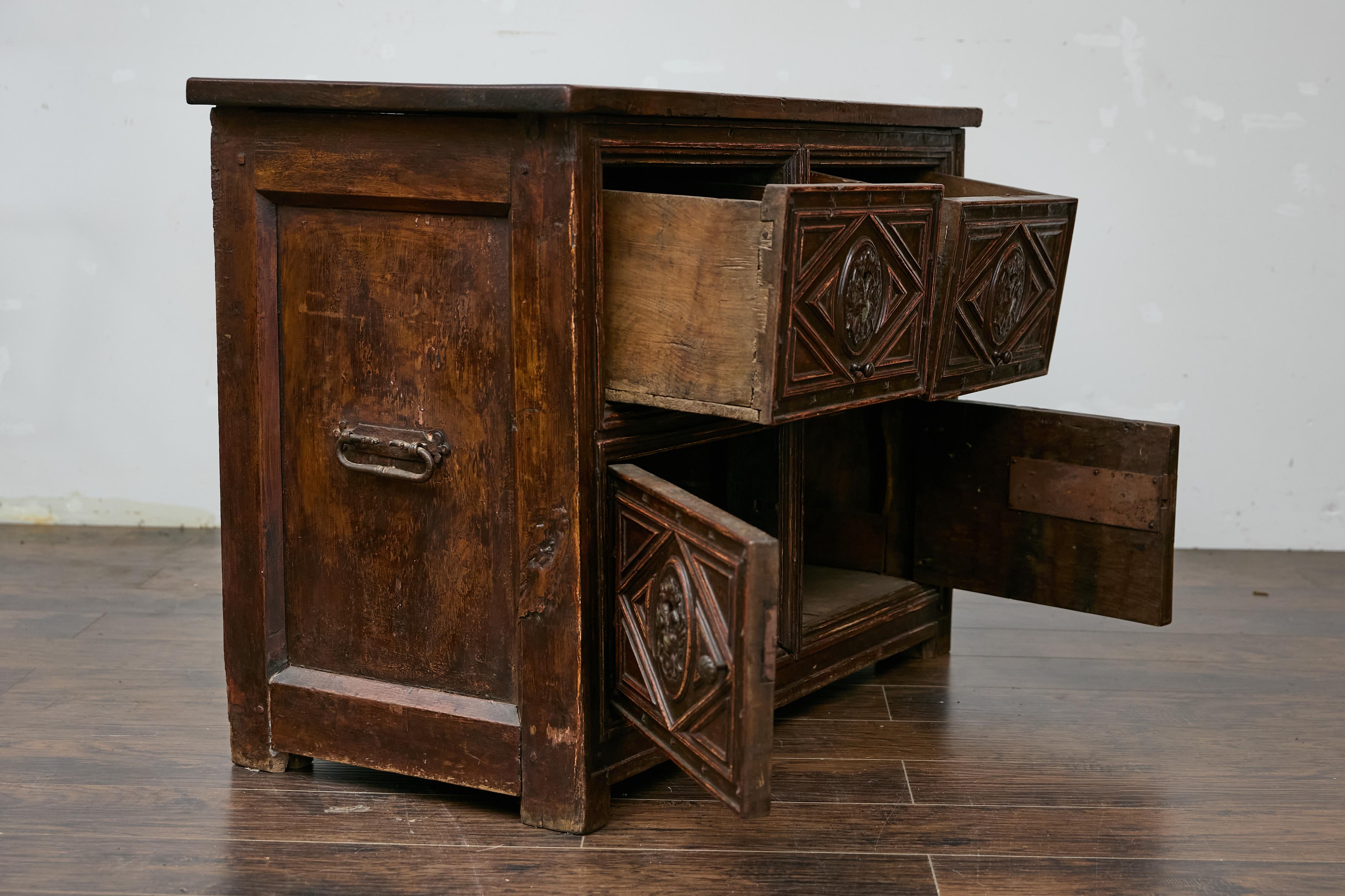 18th Century Spanish Colonial Geometric Front Sideboard with Drawers and Doors 1