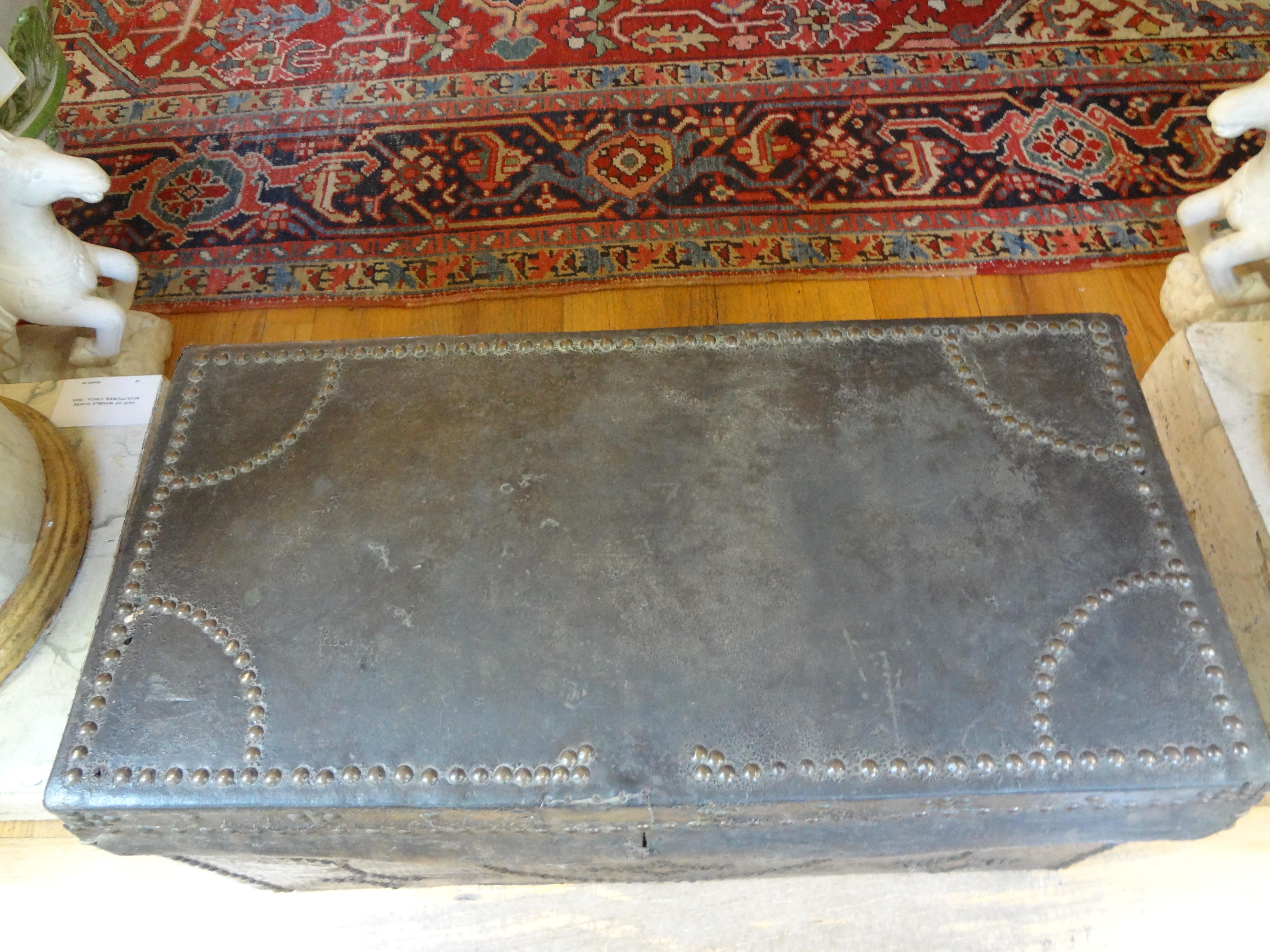 18th Century Spanish Colonial Leather Clad Trunk with Brass Nail Head Detail In Distressed Condition In Houston, TX