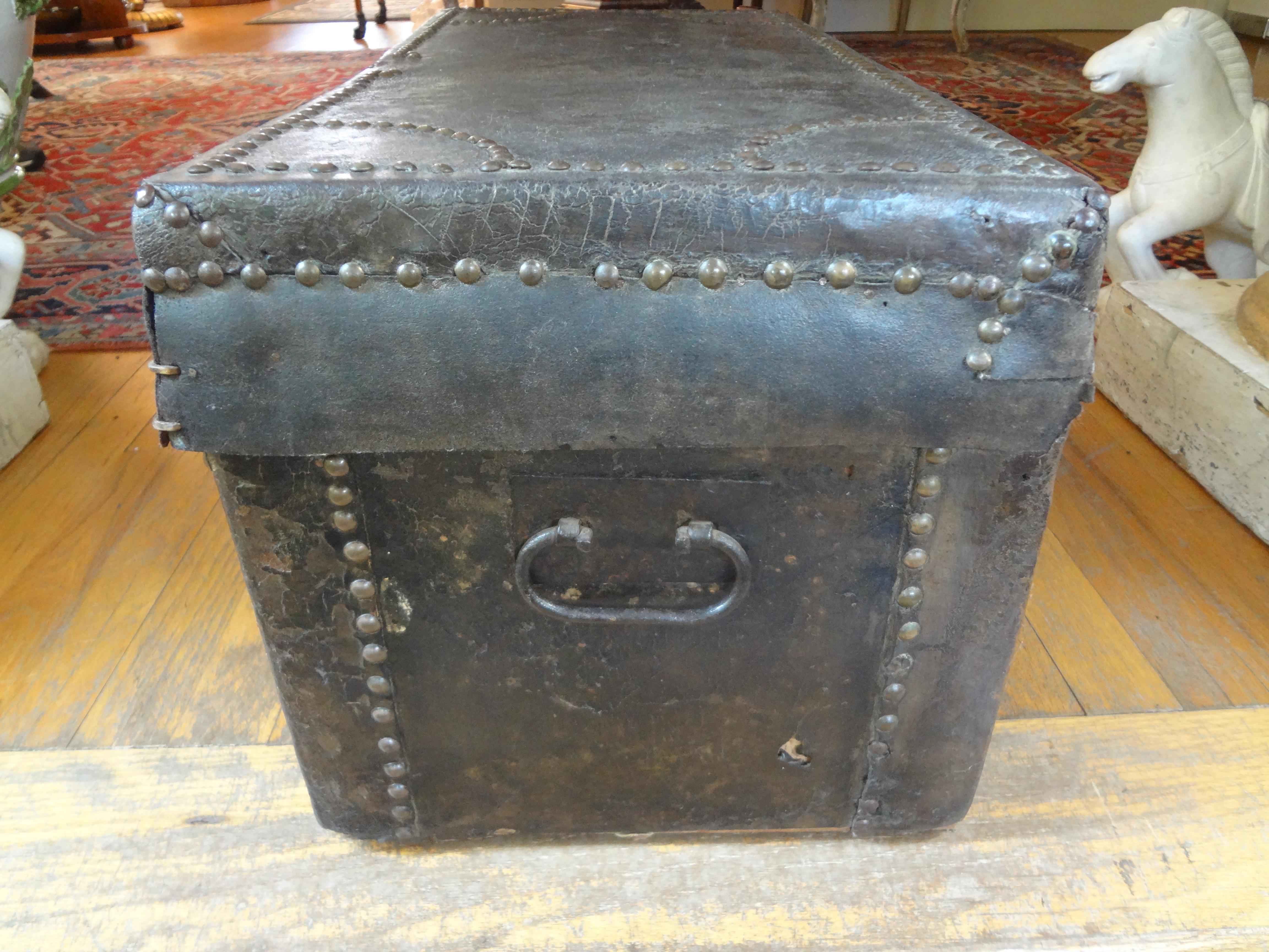 18th Century and Earlier 18th Century Spanish Colonial Leather Clad Trunk with Brass Nail Head Detail