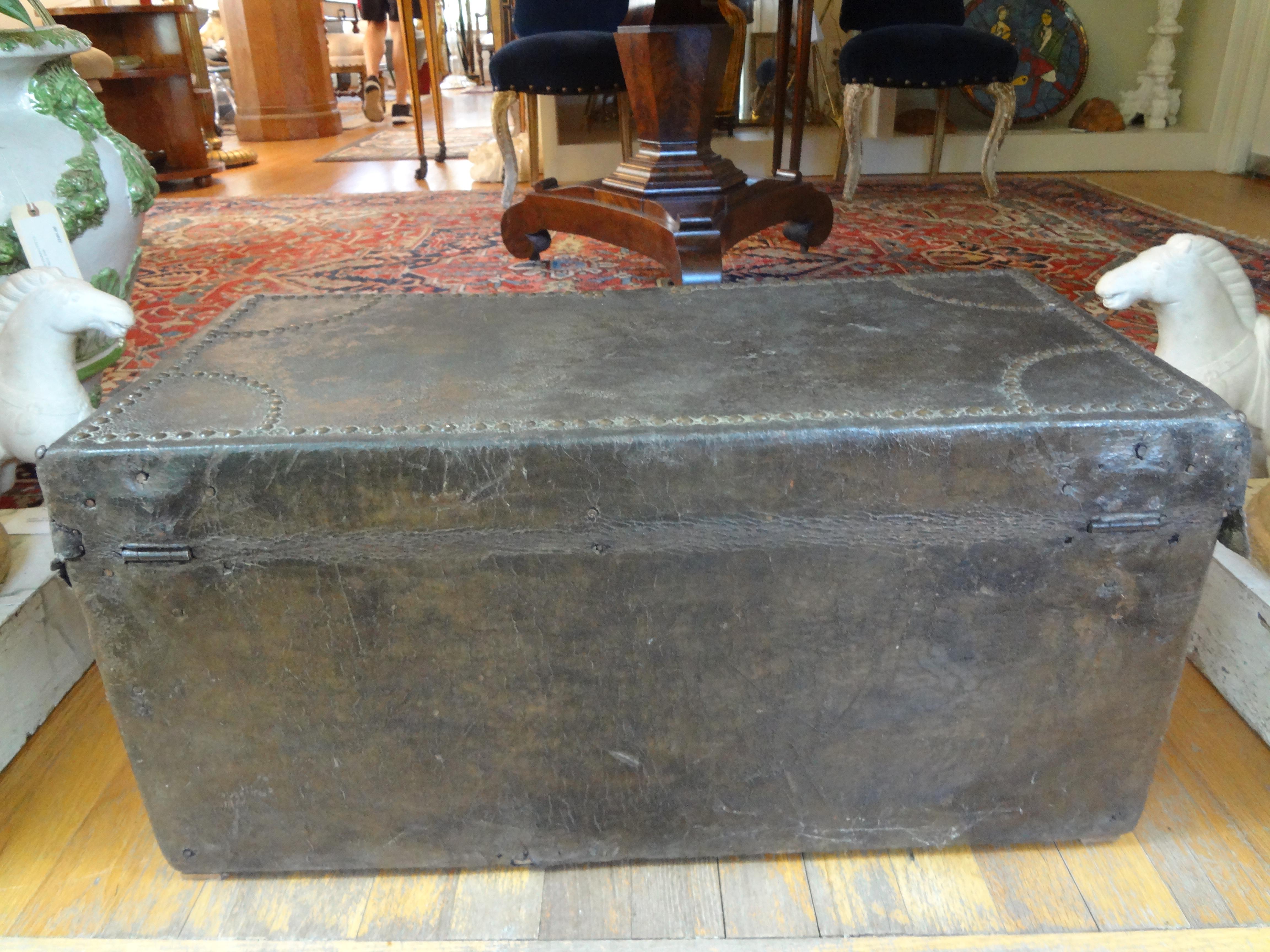 18th Century Spanish Colonial Leather Clad Trunk with Brass Nail Head Detail 1