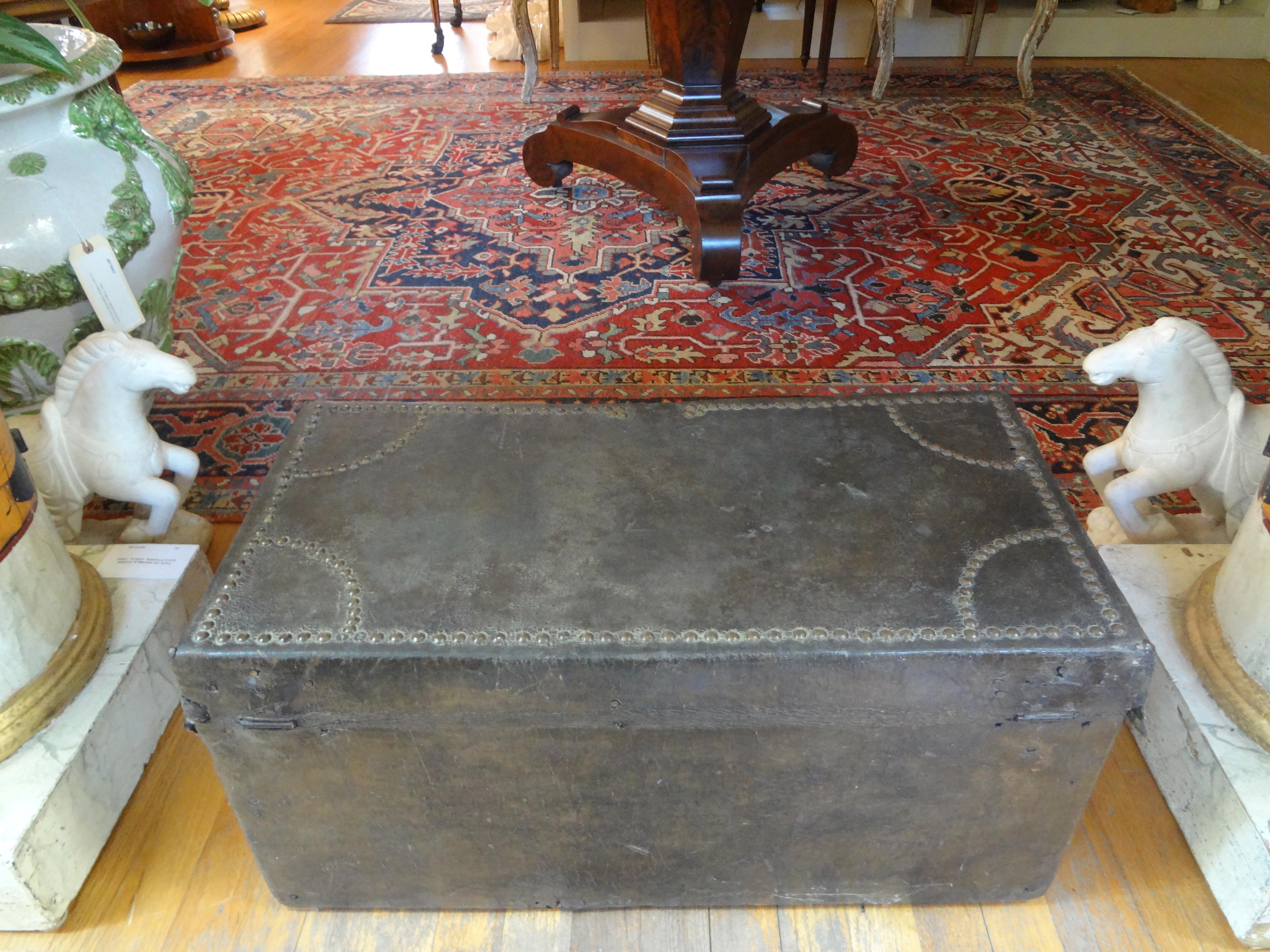 18th Century Spanish Colonial Leather Clad Trunk with Brass Nail Head Detail 2