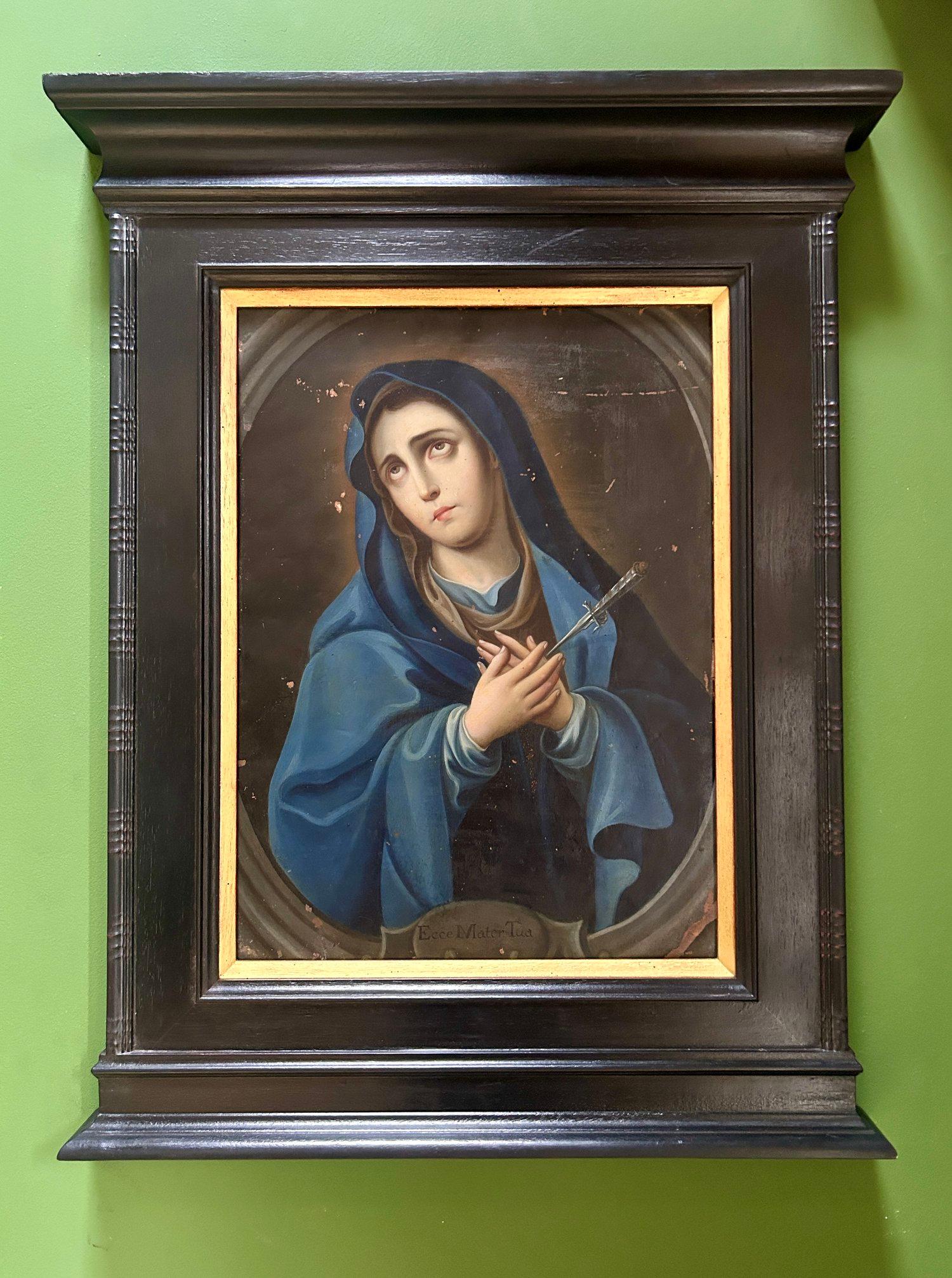 Peinture à l'huile religieuse Mater Dolorosa du 18e siècle, peinture à l'huile religieuse coloniale espagnole ancienne, peinture Notre-Dame des Douleurs, peinture à l'huile religieuse ancienne, peinture du tabernacle religieux.

Mater Dolorosa
