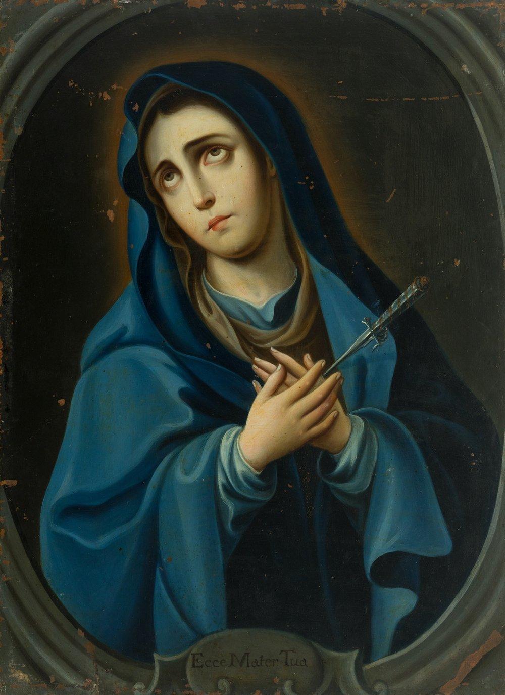 Colonial espagnol Peinture à l'huile du XVIIIe siècle de style colonial espagnol intitulée Mater Dolorosa (Notre Dame des Douleurs) en vente
