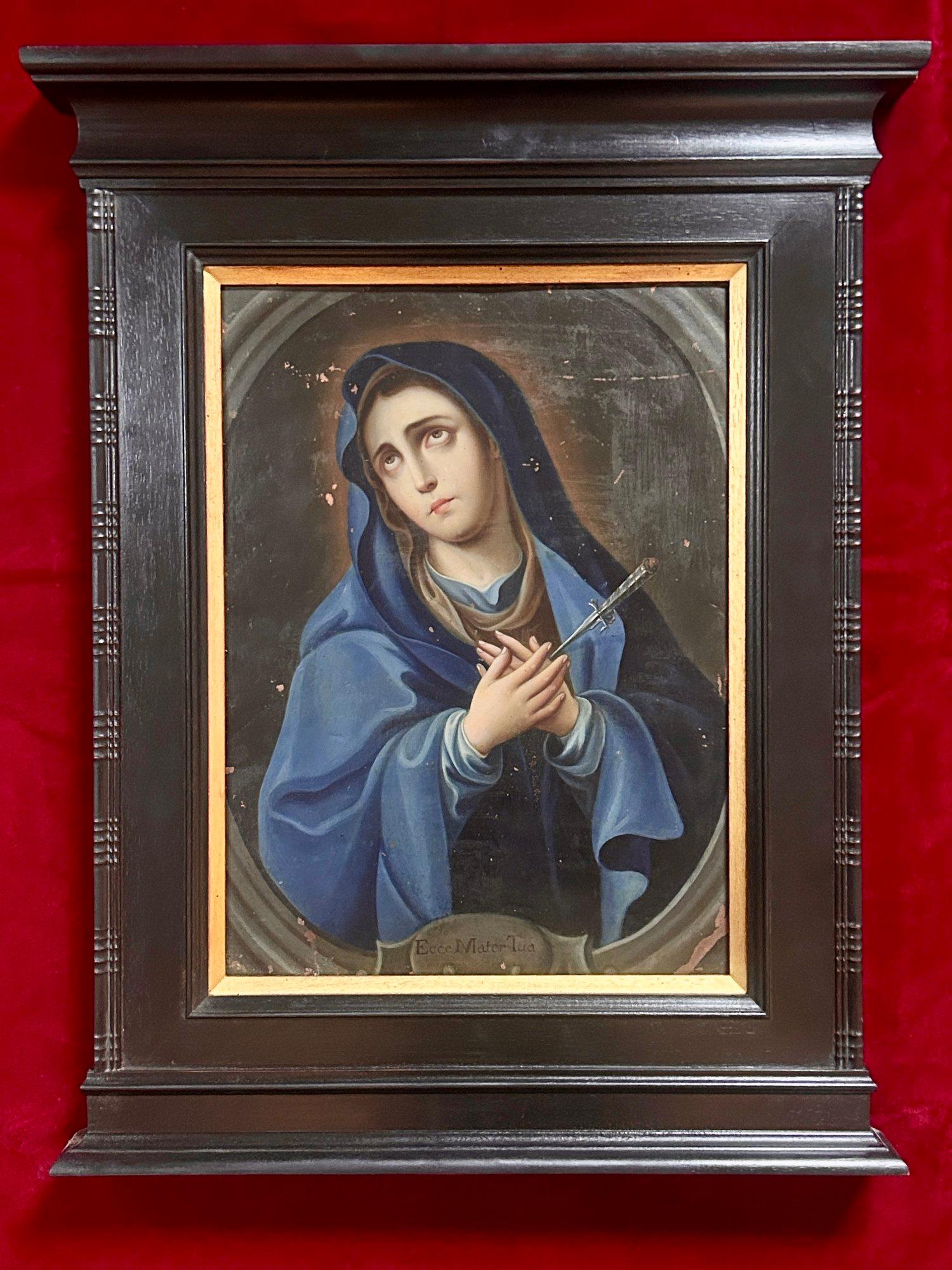 Sculpté à la main Peinture à l'huile du XVIIIe siècle de style colonial espagnol intitulée Mater Dolorosa (Notre Dame des Douleurs) en vente
