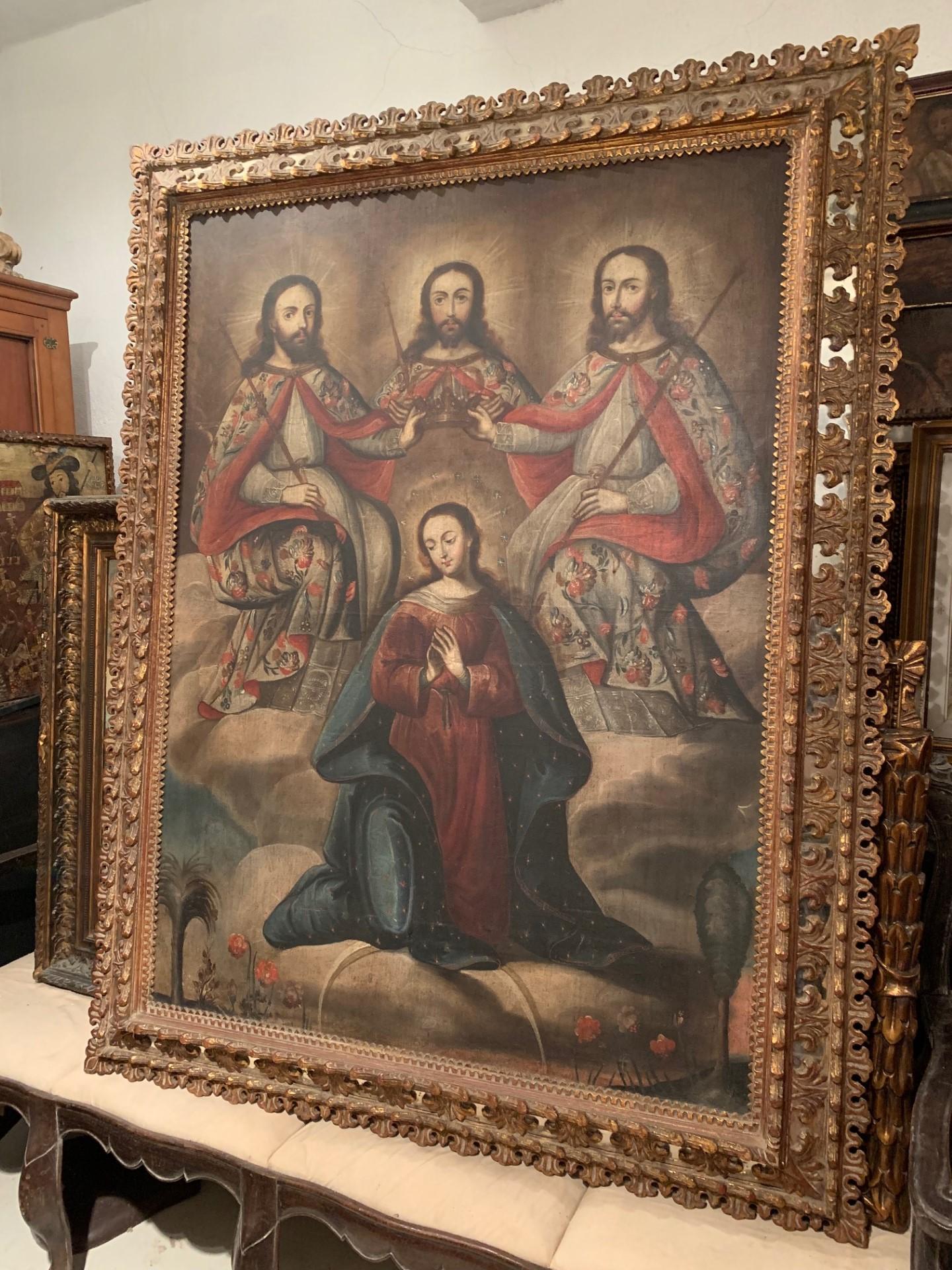 Huile sur toile coloniale espagnole du 18e siècle MARY QUEEN OF HEAVEN en vente 3