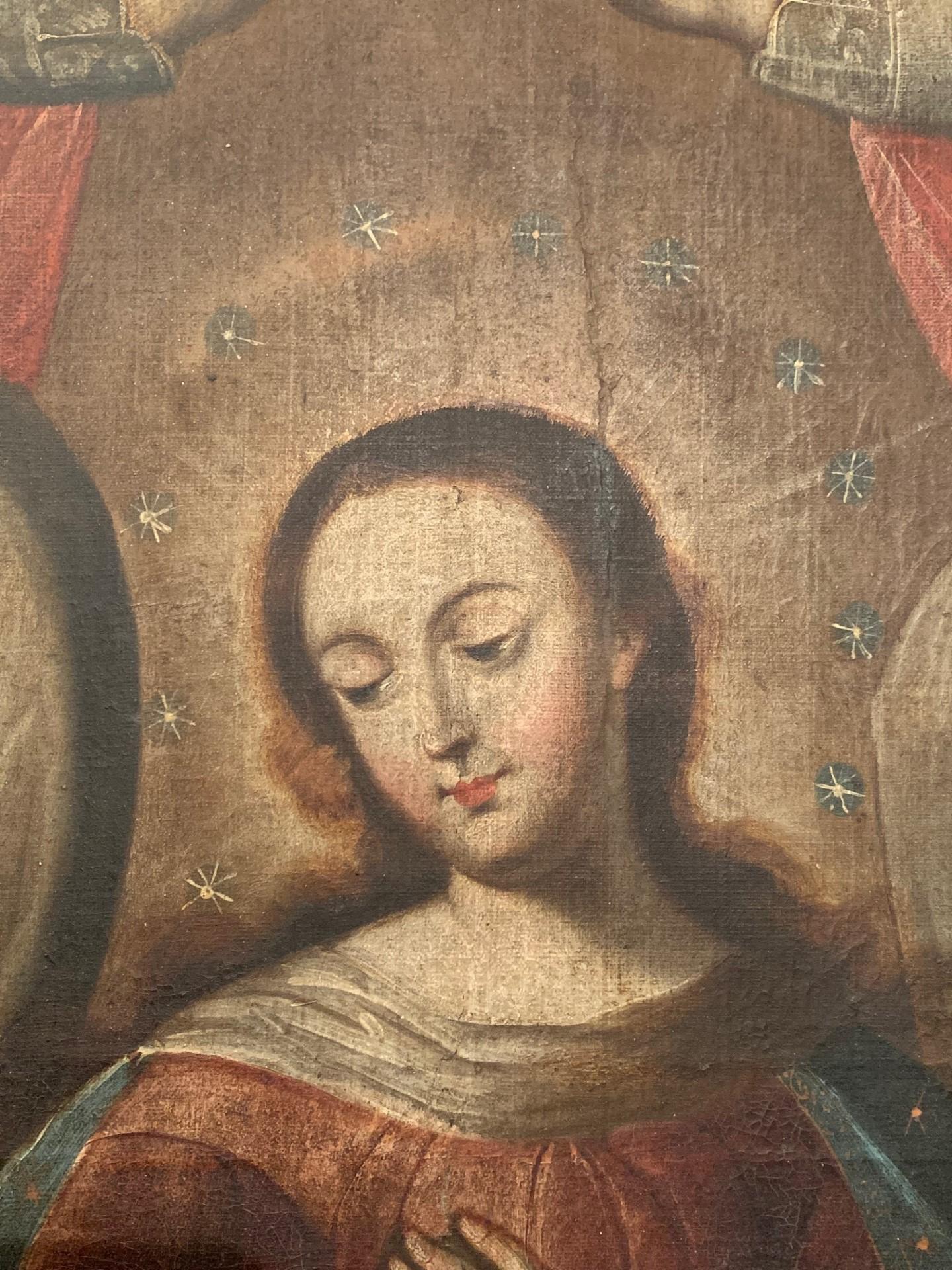 Exceptionnelle huile sur toile de la Coloni espagnole du début du XVIIIe siècle représentant Marie et la Sainte Trinité, 
ou 
